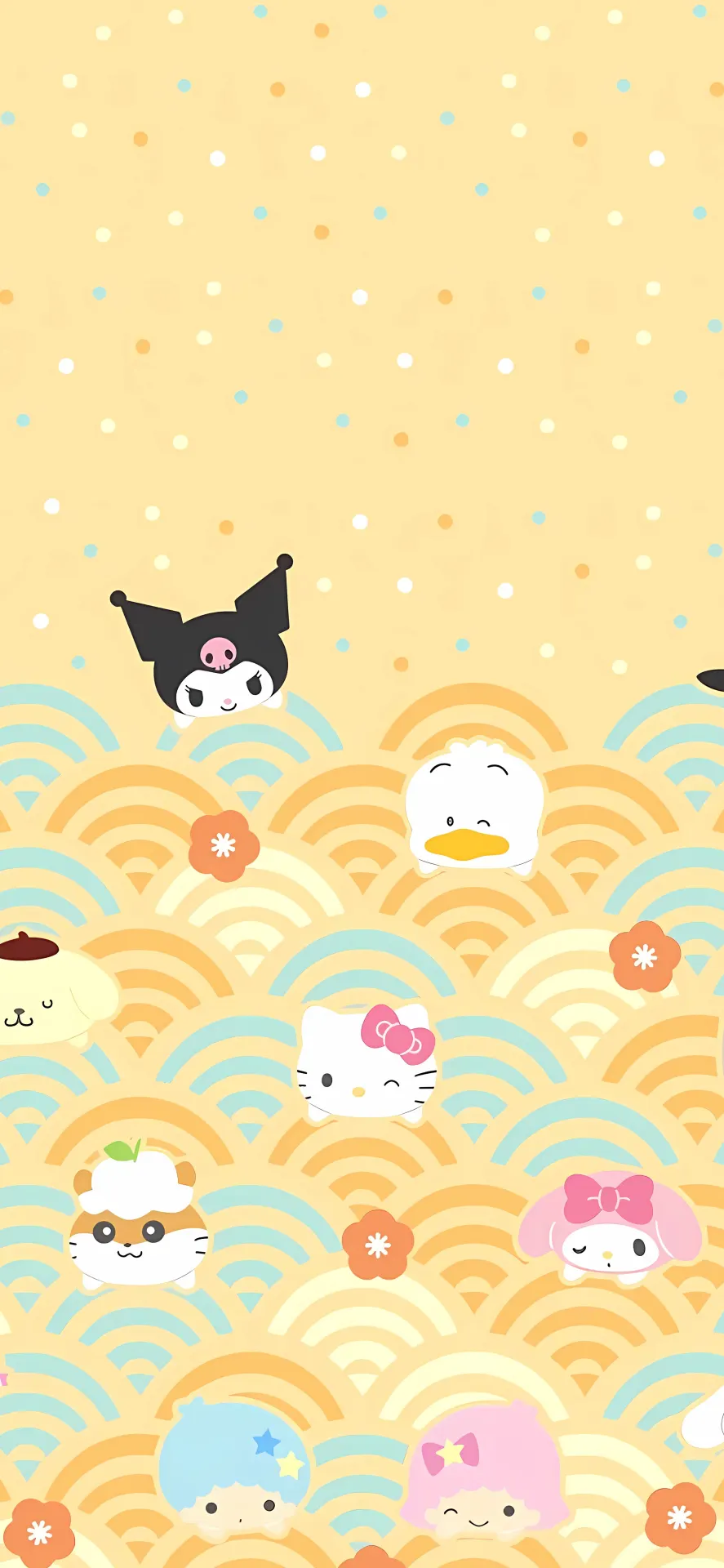 Cute Sanrio Characters in Pastel Japanese Wave Pattern Wallpaper
