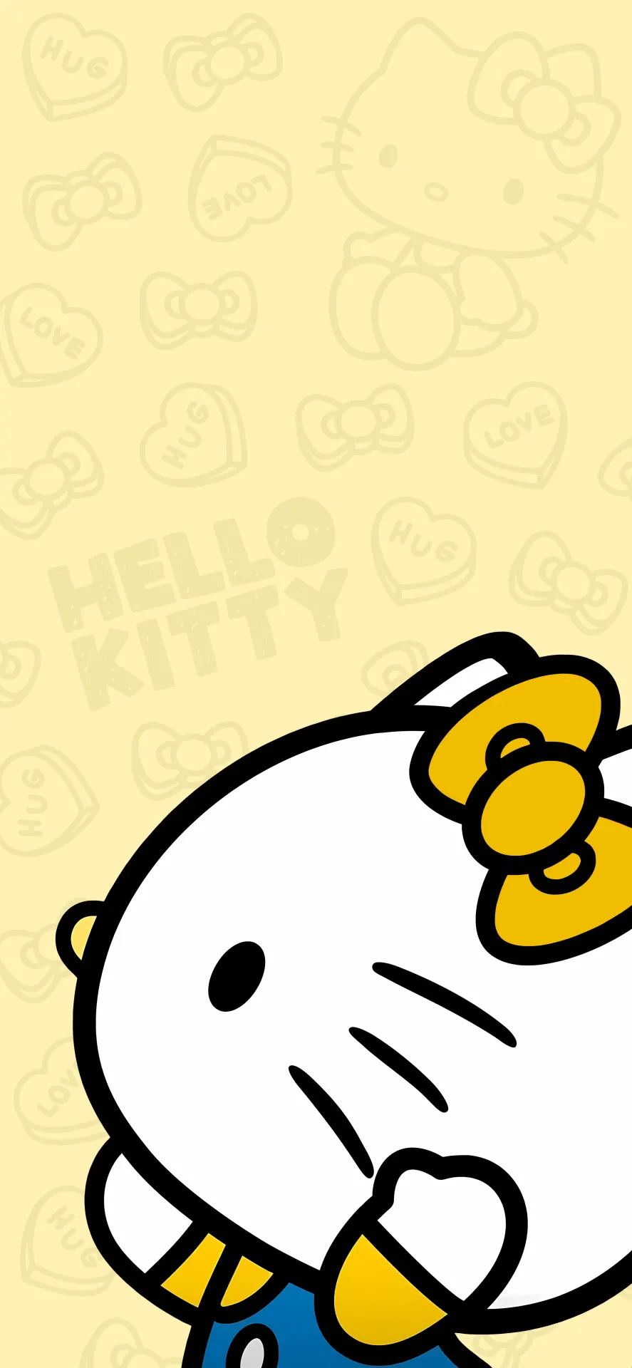 Hello Kitty Yellow Bow Close-Up Wallpaper with Cute Love and Hug Pattern