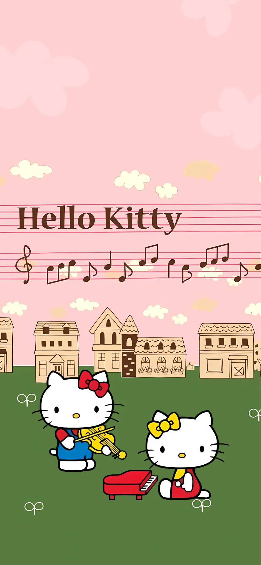 Hello Kitty Musical Wallpaper with Violin and Piano in a Cute Pastel Village