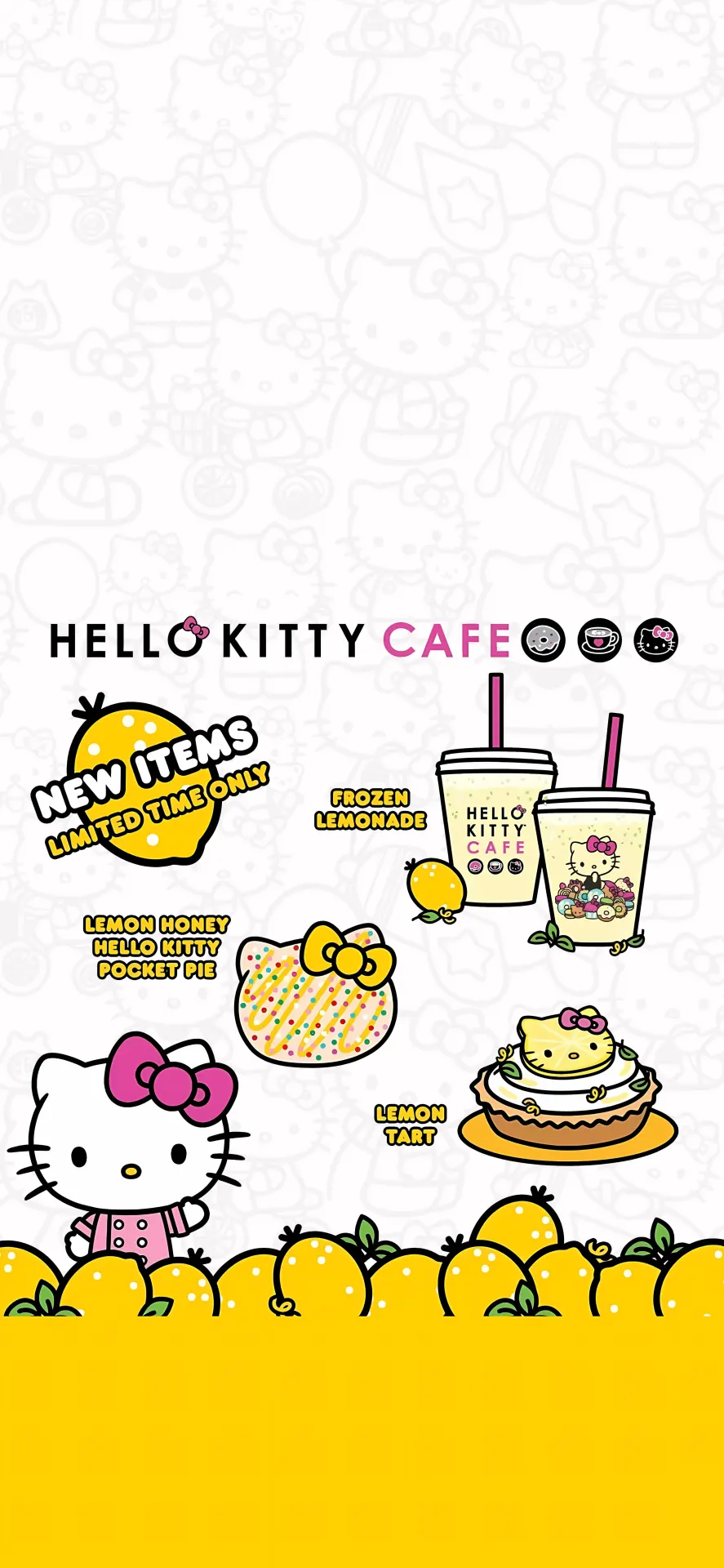 Hello Kitty Cafe Lemon Treats Wallpaper with Cute Desserts and Yellow Lemons