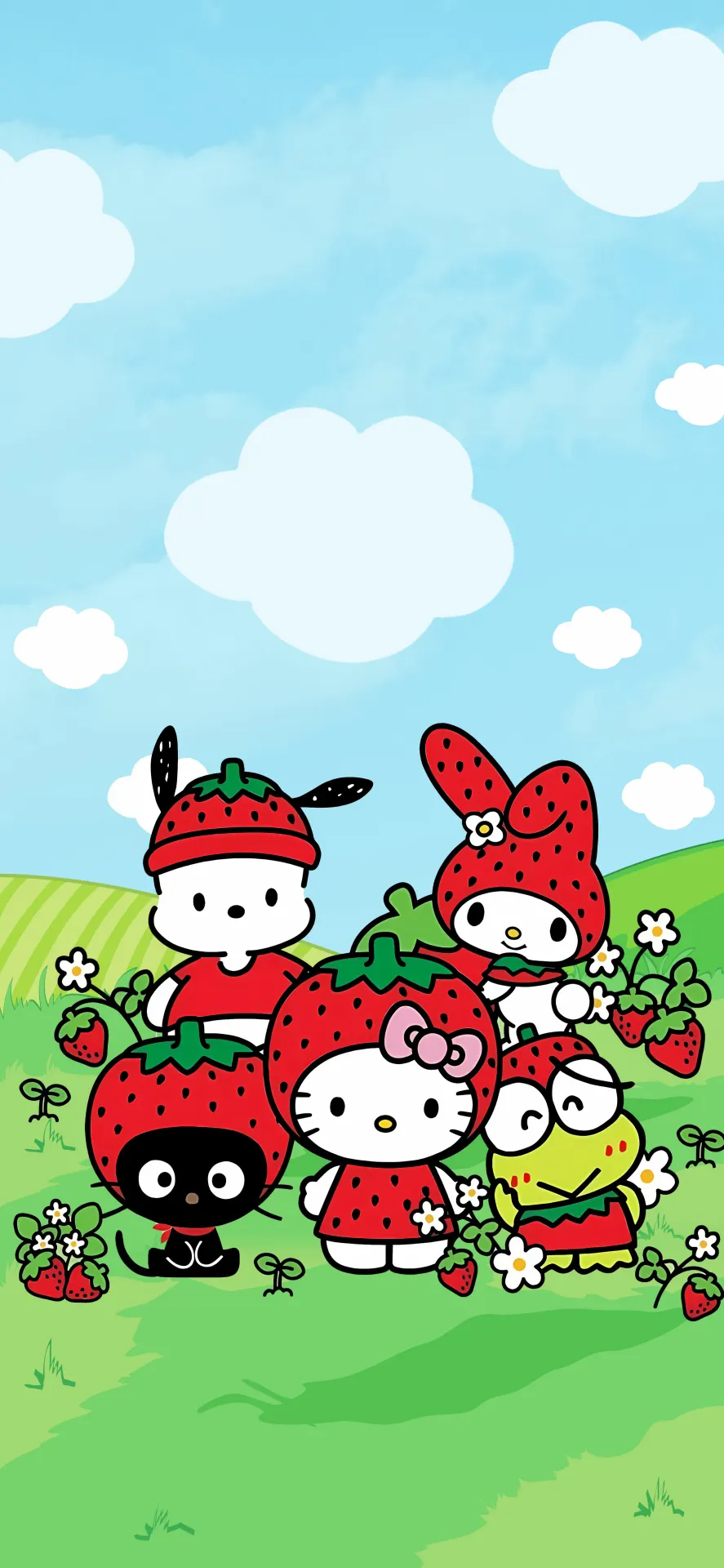 Hello Kitty Strawberry Wallpaper with Sanrio Friends in a Cute Berry Field