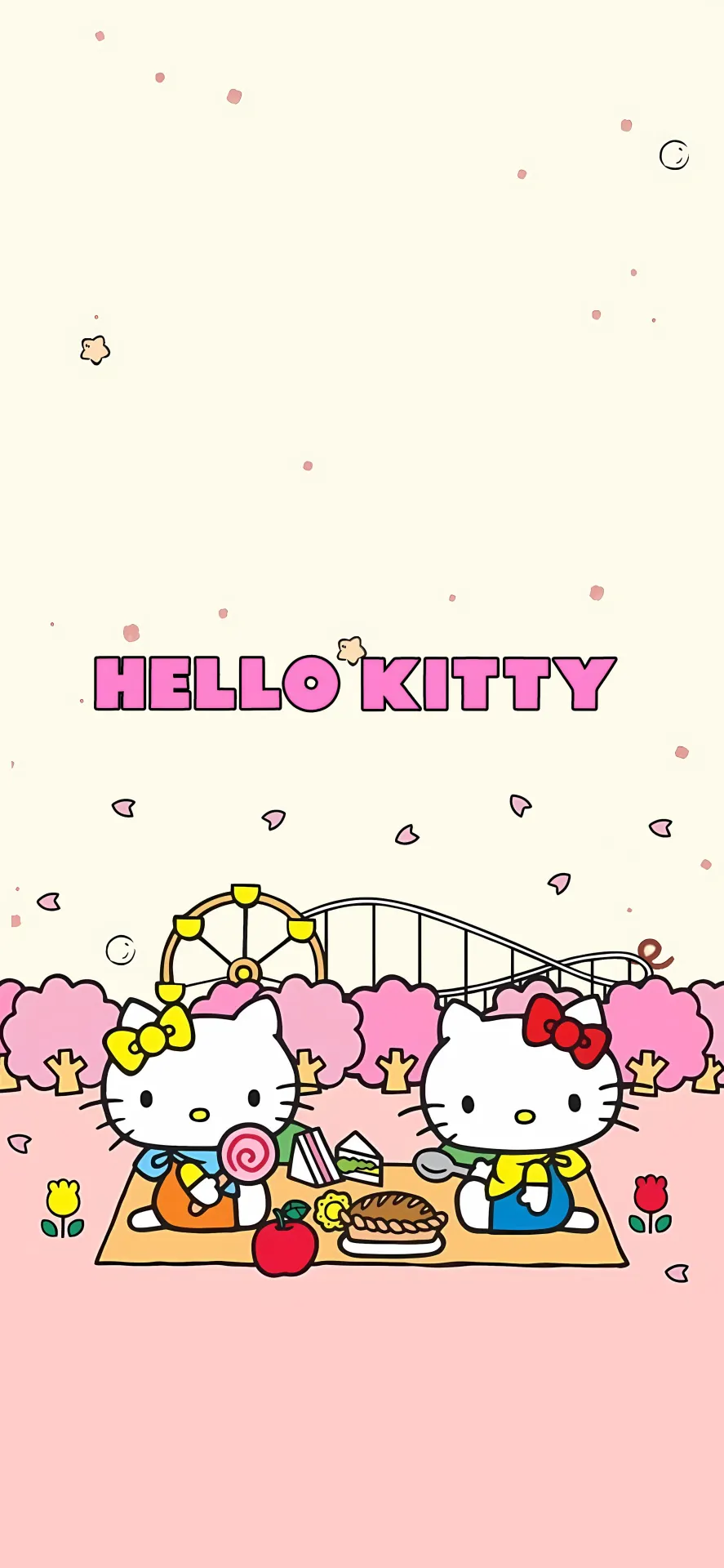 Hello Kitty Picnic Wallpaper with Ferris Wheel, Pink Trees and Cute Treats