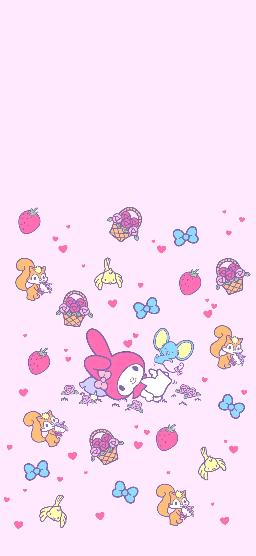 Cute My Melody Wallpaper with Strawberries, Hearts, Flowers and Pastel Bows