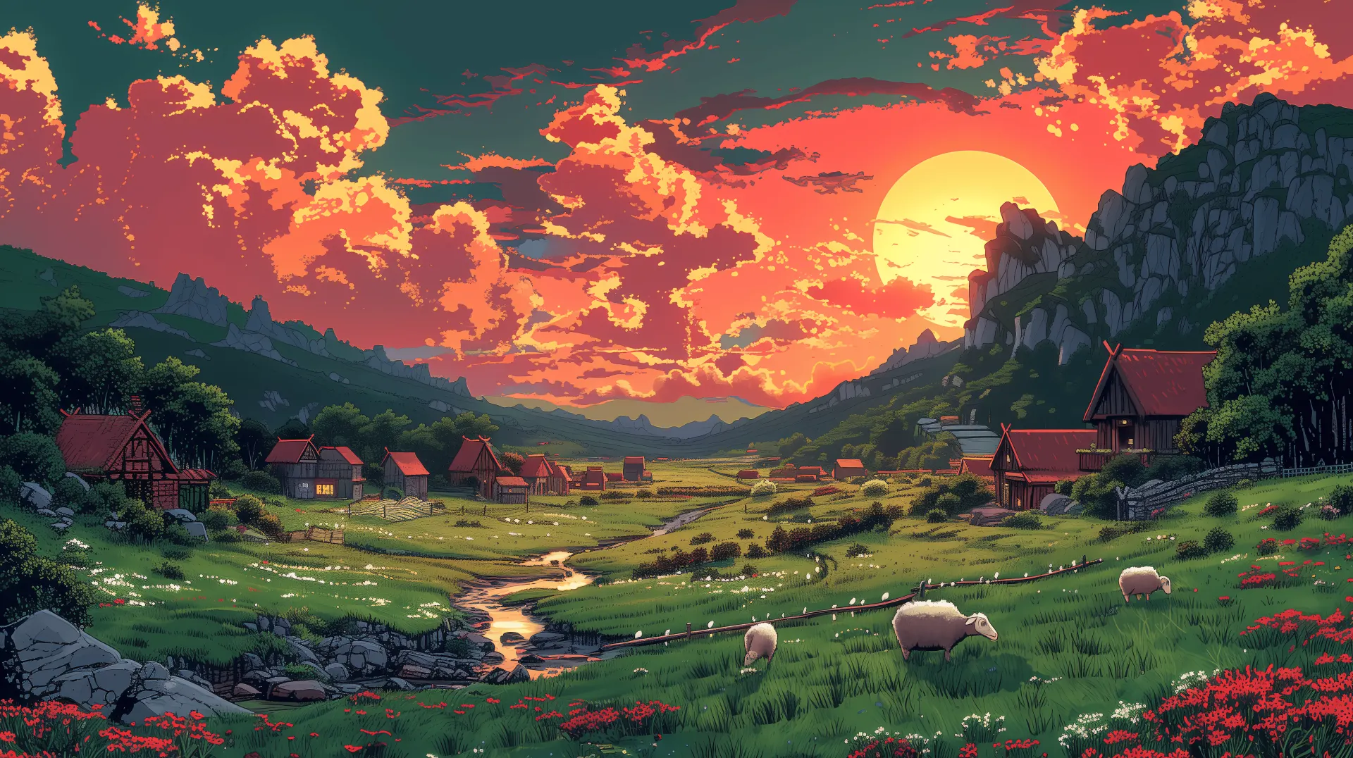 Anime Sunset Mountain Village Landscape Wallpaper