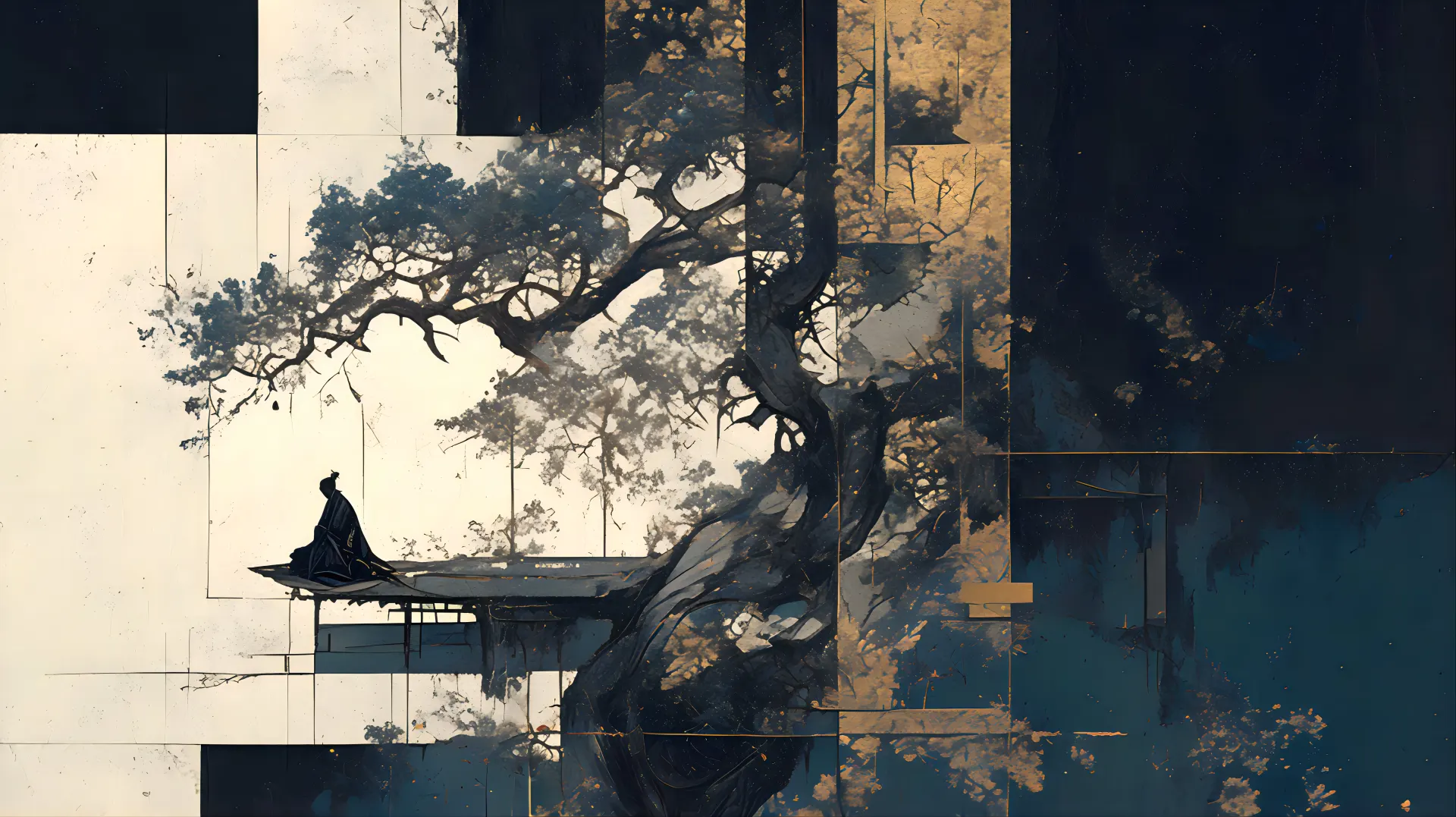 Japanese Zen Tree Wallpaper – Dark Samurai Landscape Art
