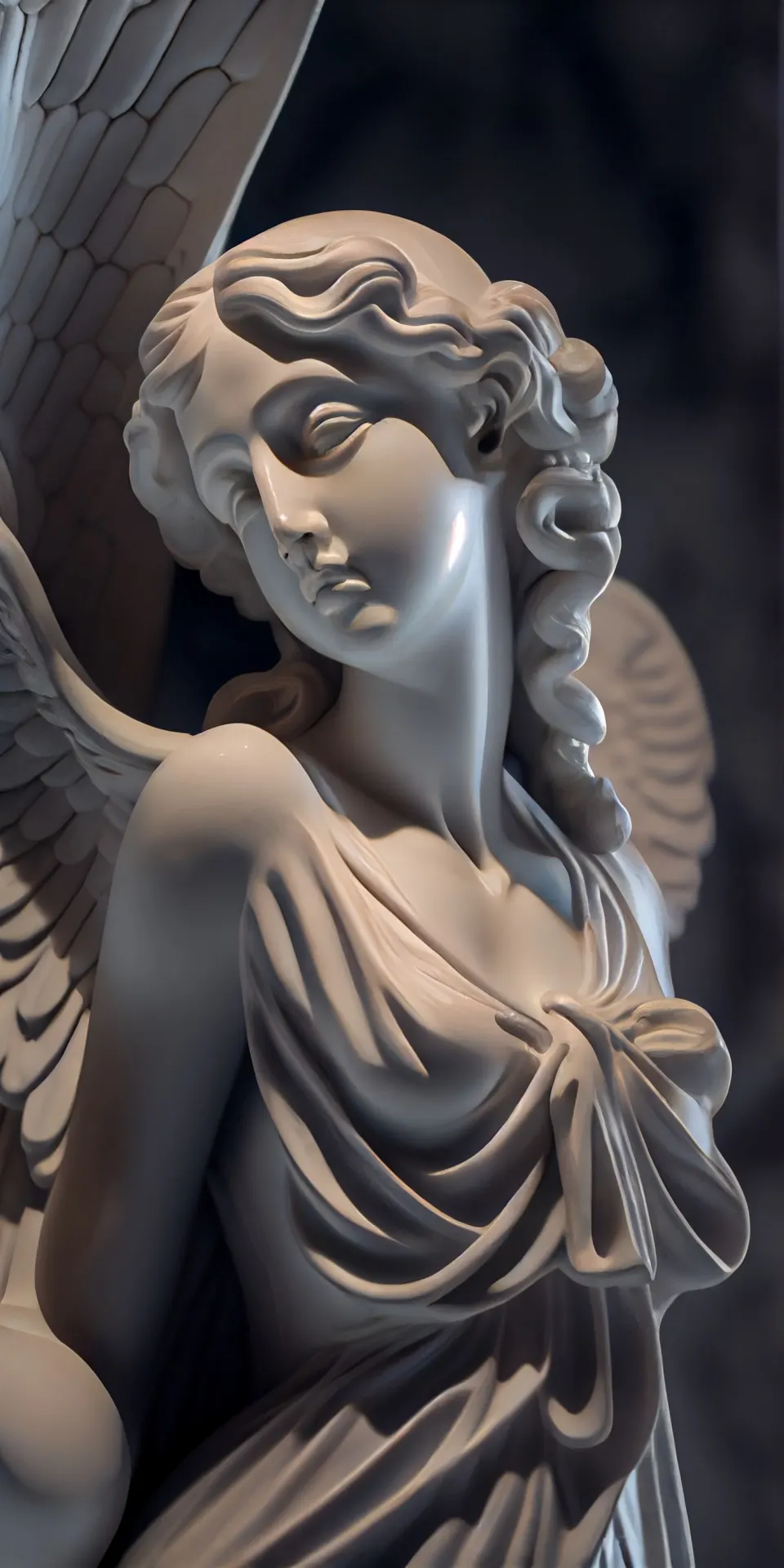 Elegant Marble Angel with Feathered Wings and Draped Robe