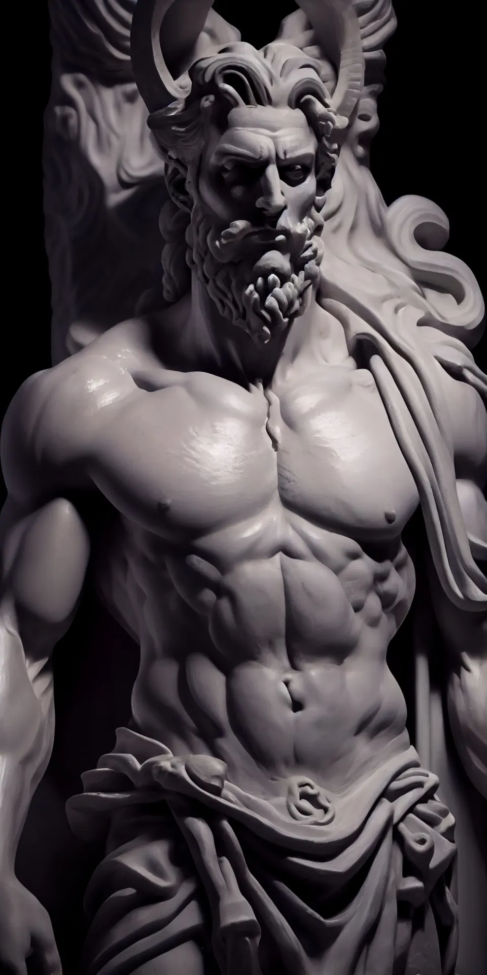 Powerful Greek God Marble Statue with Flowing Beard and Muscular Physique