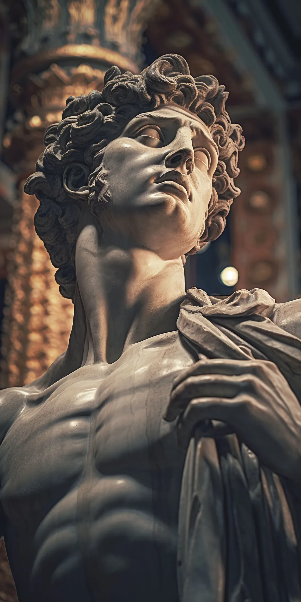 Majestic Classical Marble Statue with Curly Hair and Dramatic Golden Lighting