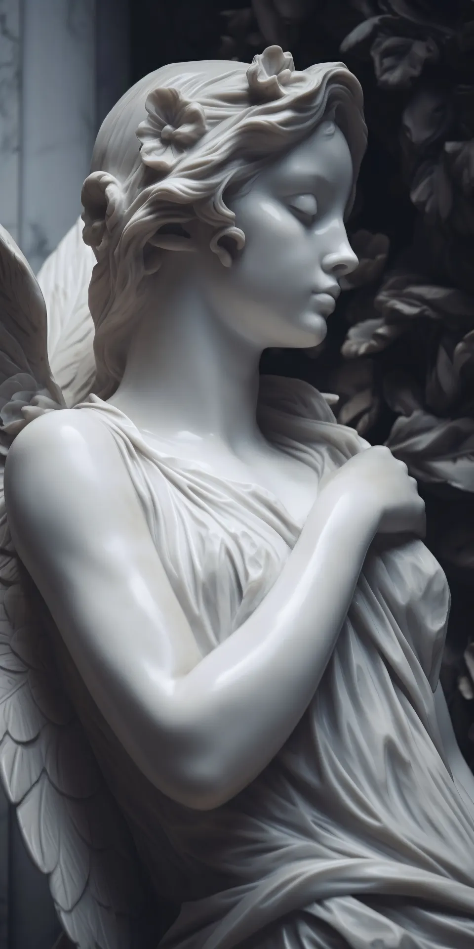 Serene Marble Angel Statue with Delicate Floral Hair and Feathered Wings