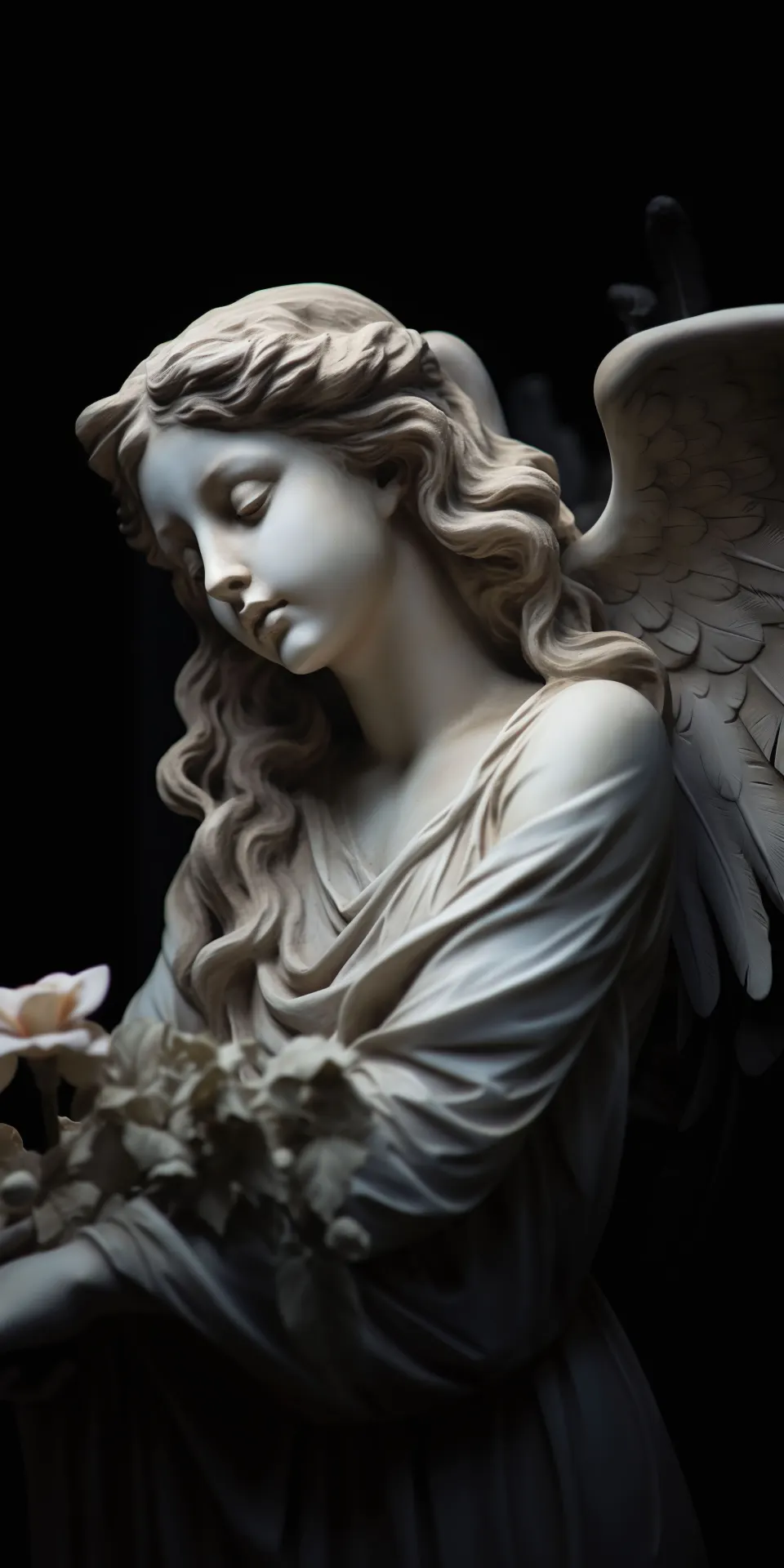 Serene Marble Angel Statue with Flowing Hair and Feathered Wings