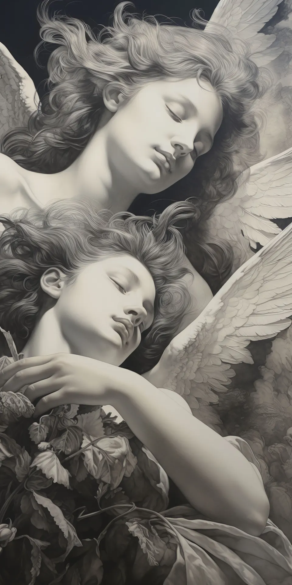 Dreamy Twin Angels with Flowing Hair and Feathered Wings
