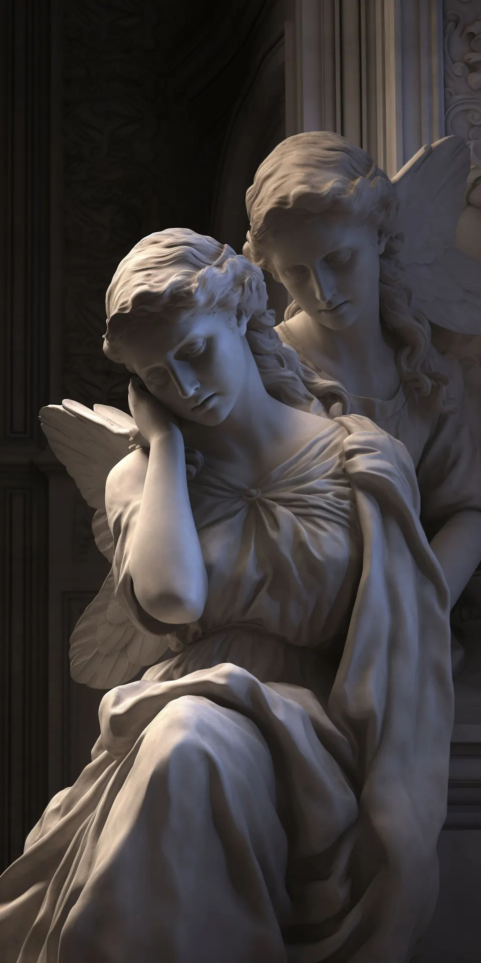 Two Serene Angel Statues in Soft Dramatic Lighting