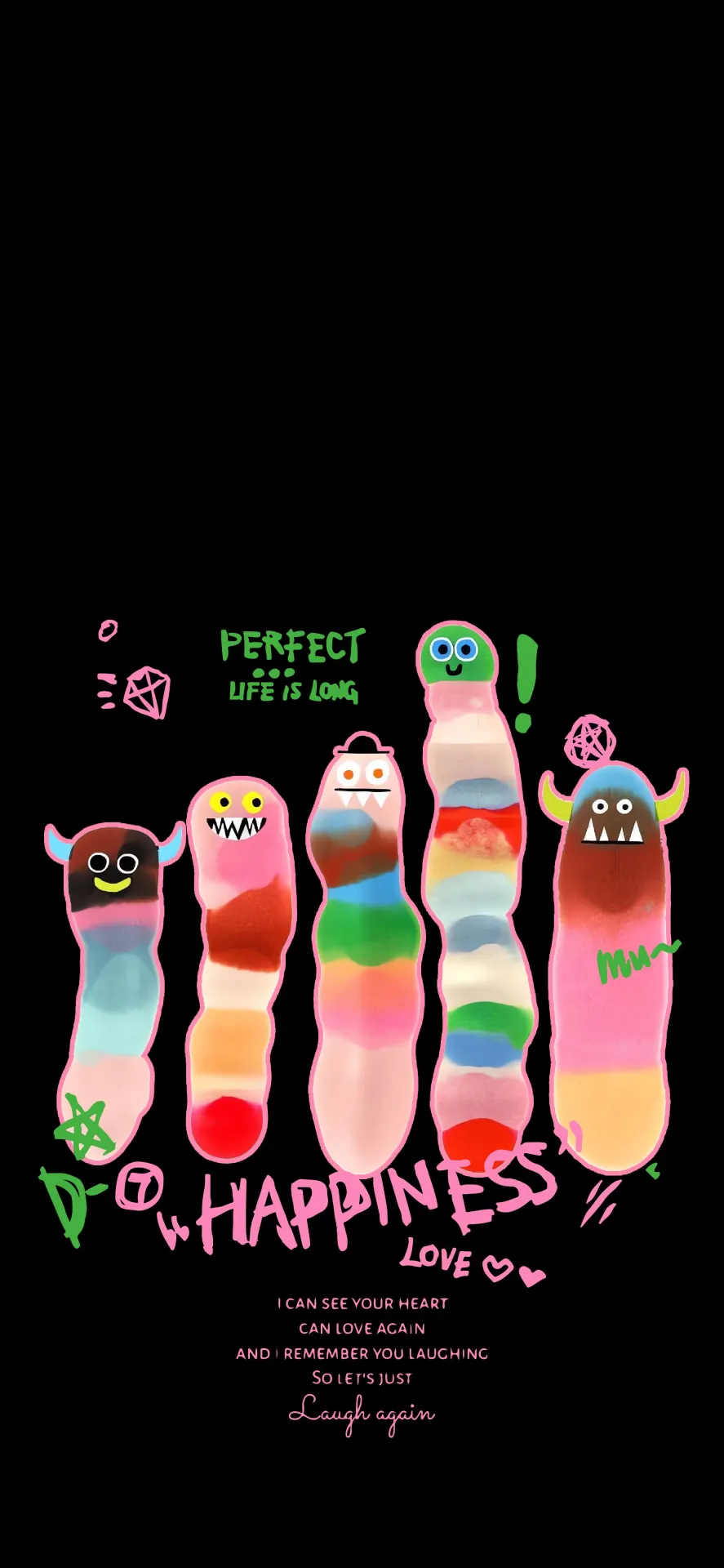 Colorful Monster Doodles Happiness Black Wallpaper
