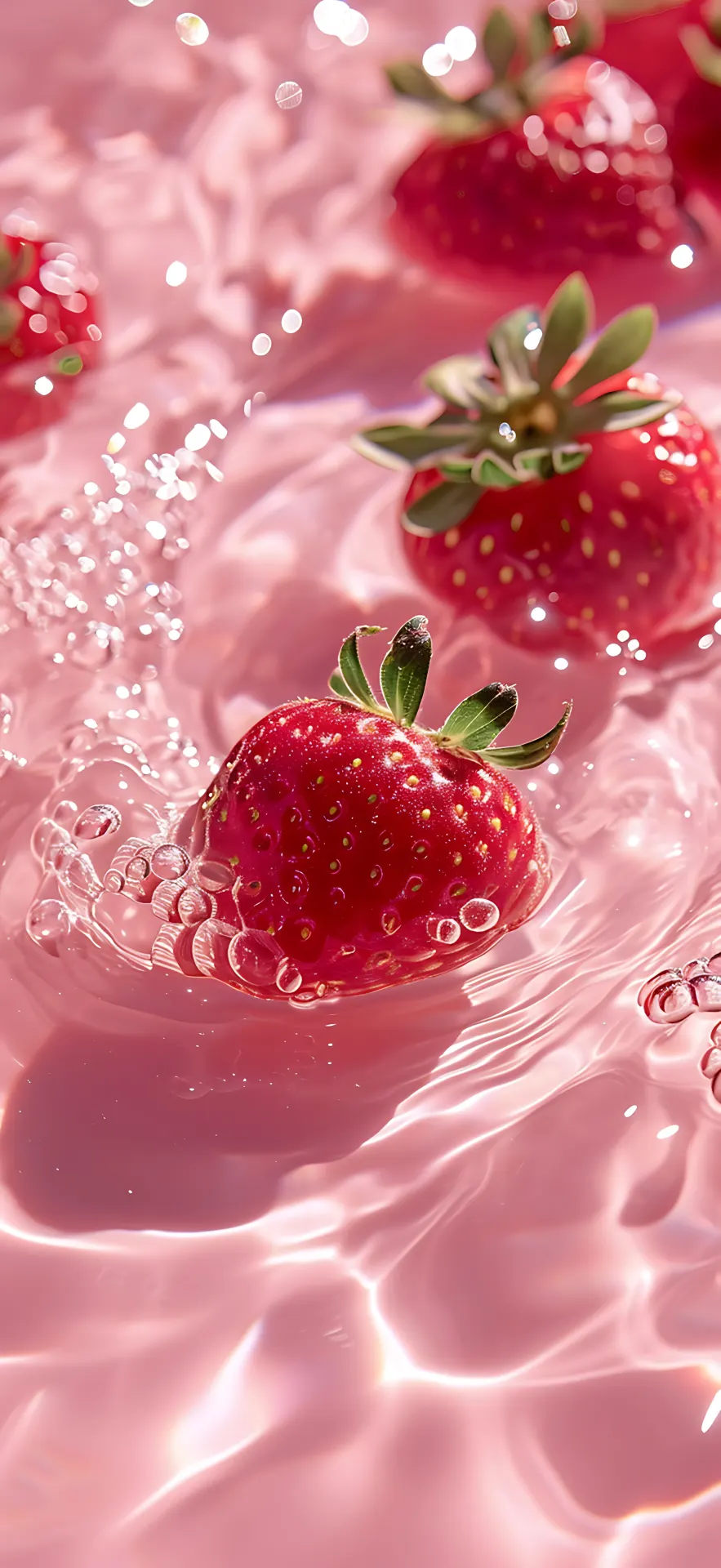 Glossy Red Strawberries in Pink Liquid Wallpaper
