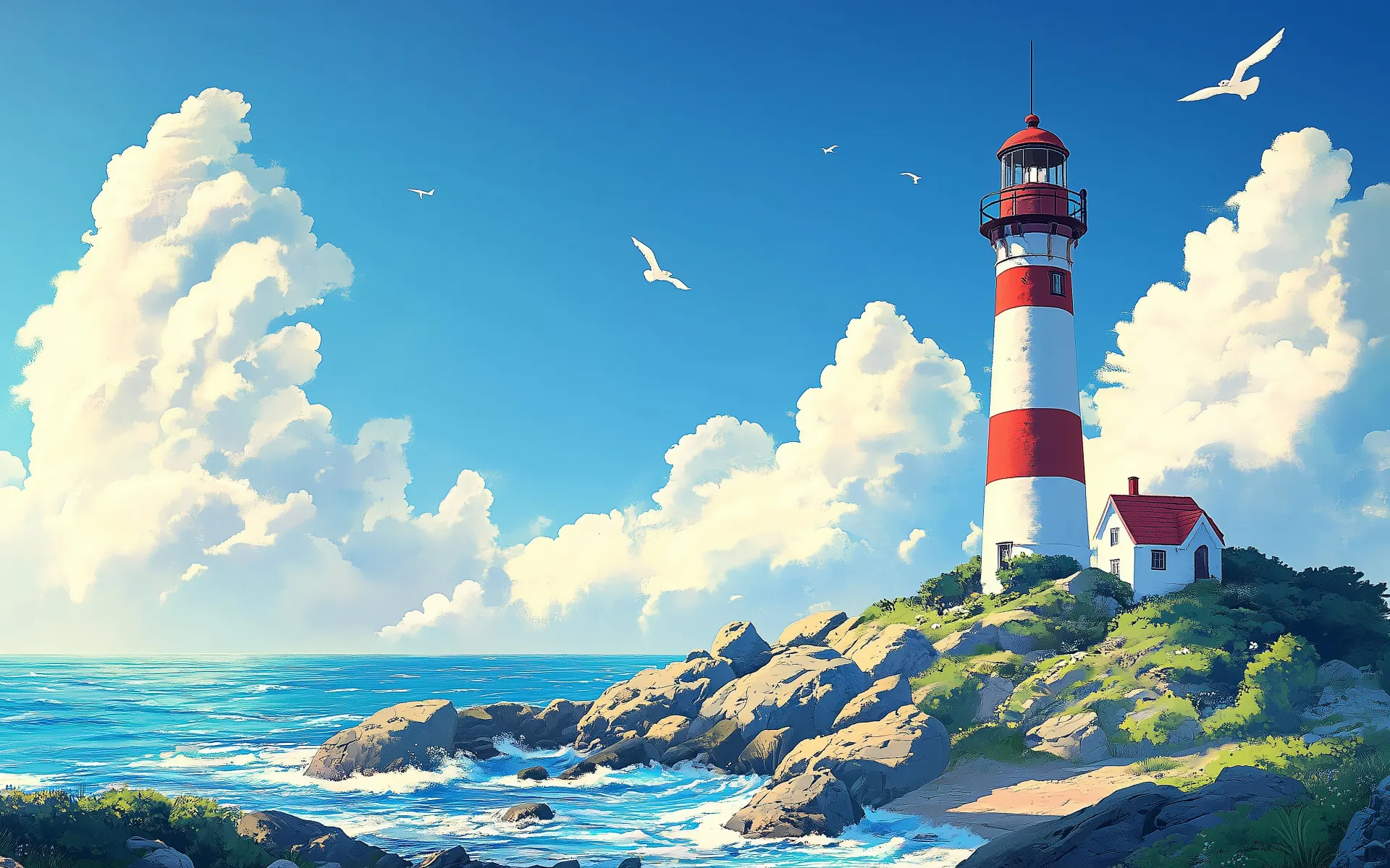 Red and White Lighthouse on a Rocky Coast Wallpaper
