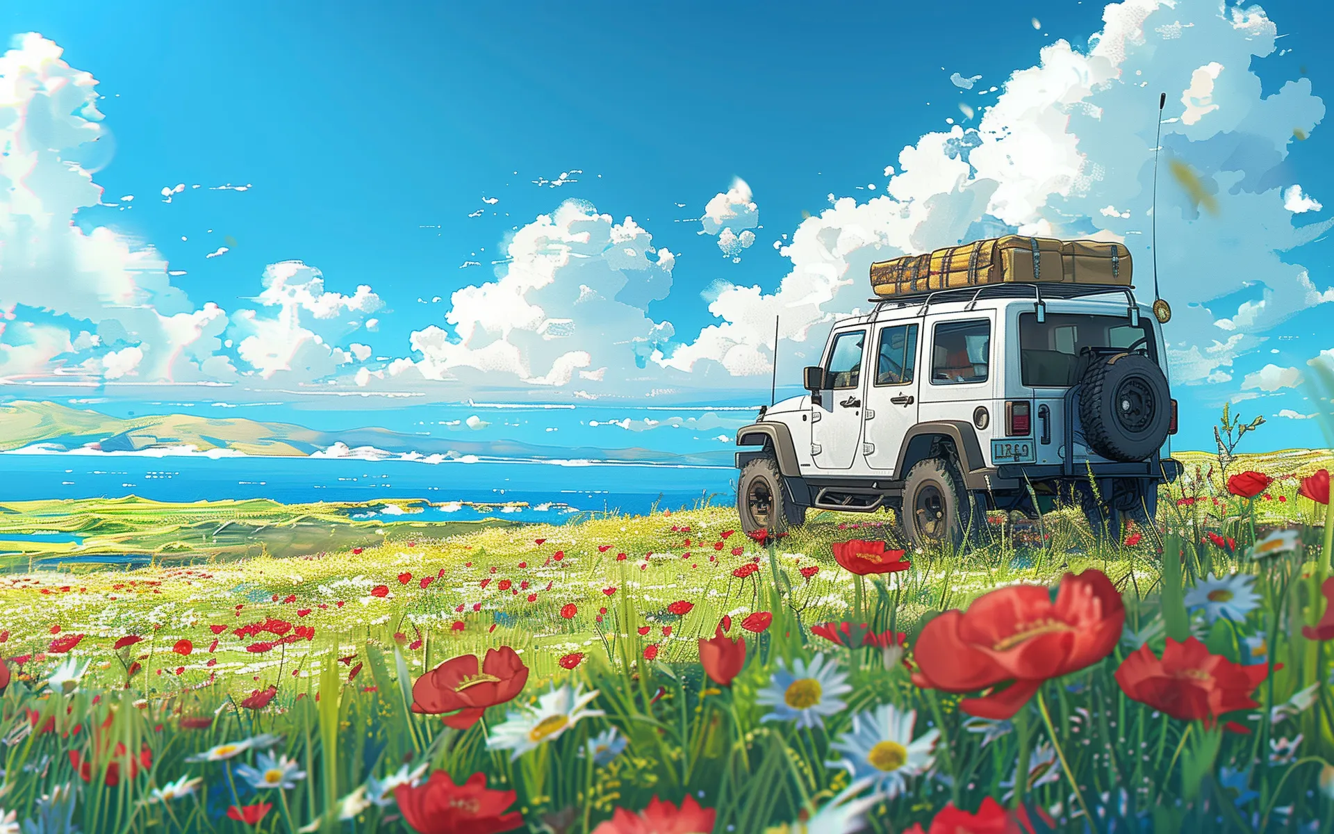 Off-Road Adventure Jeep in a Wildflower Meadow Wallpaper