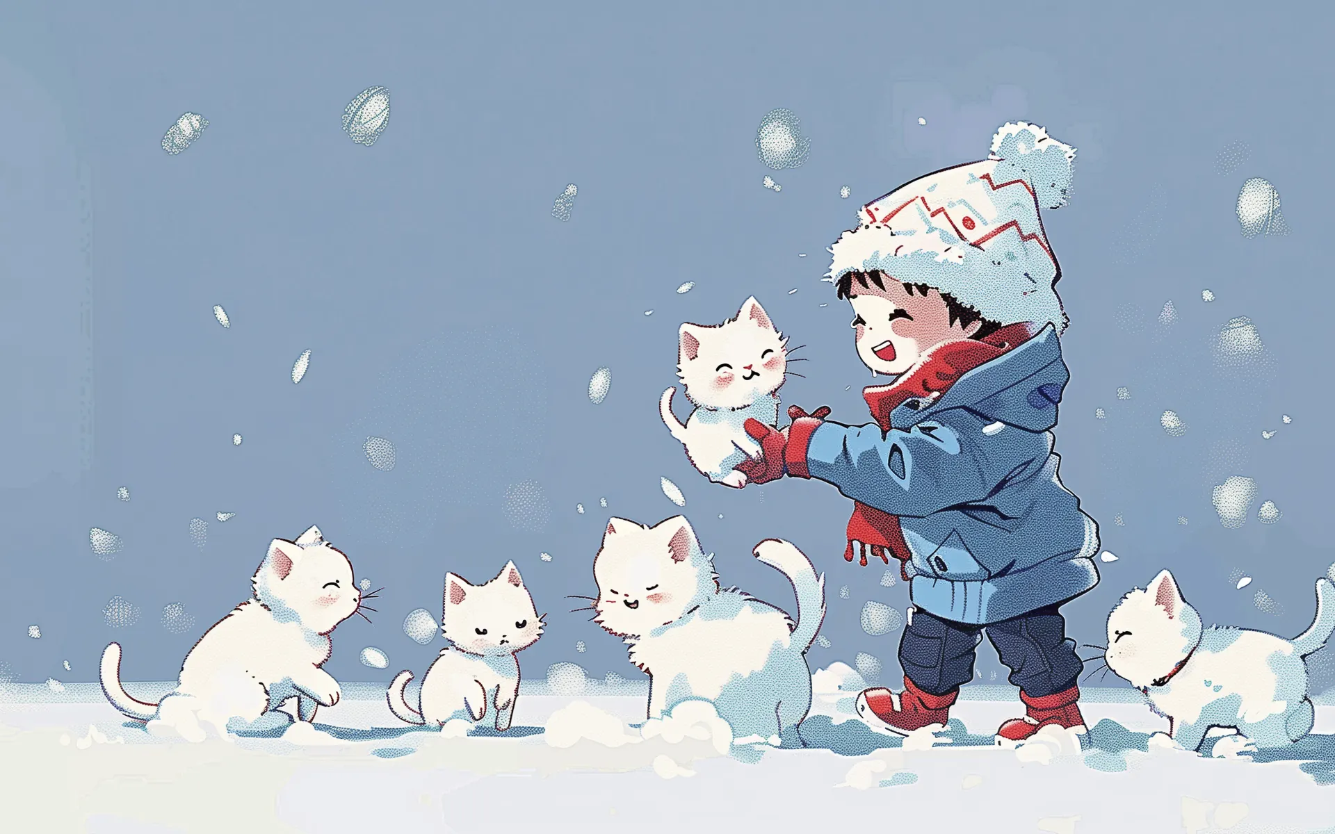 Little Boy Playing with Kittens in the Snow Wallpaper