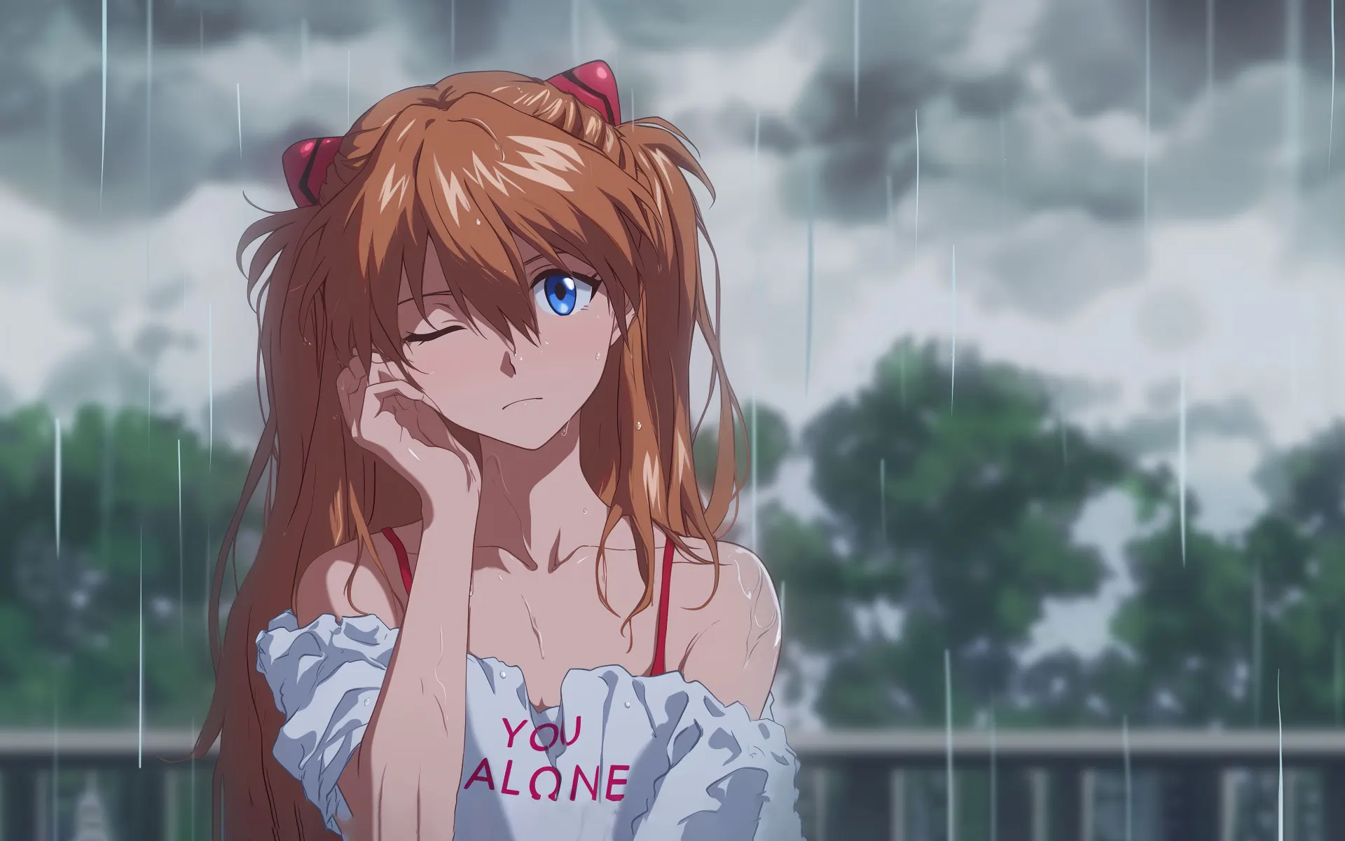 Asuka Langley Alone in the Rain Wallpaper