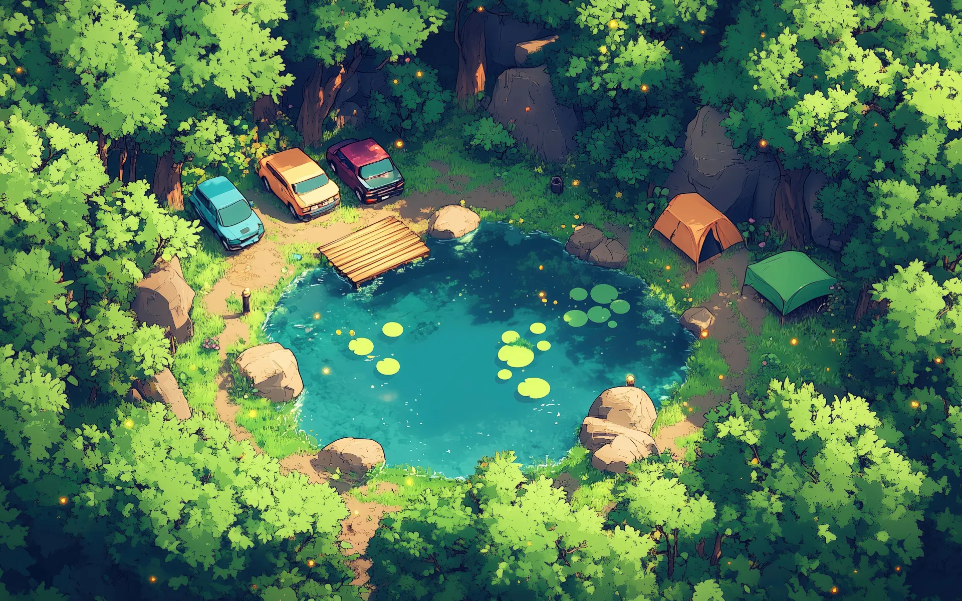 Hidden Forest Pond Camping Wallpaper