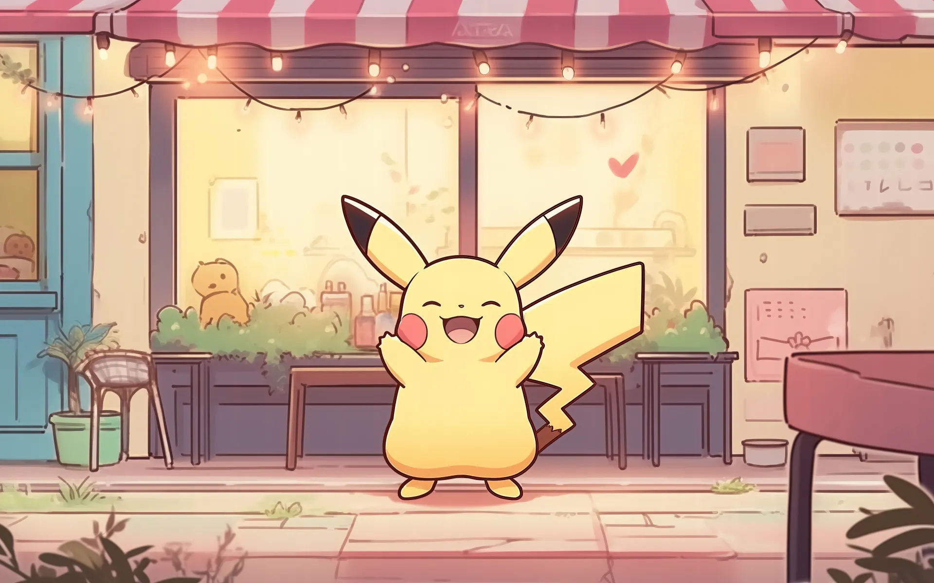 Happy Pikachu Outside a Cozy Café Wallpaper