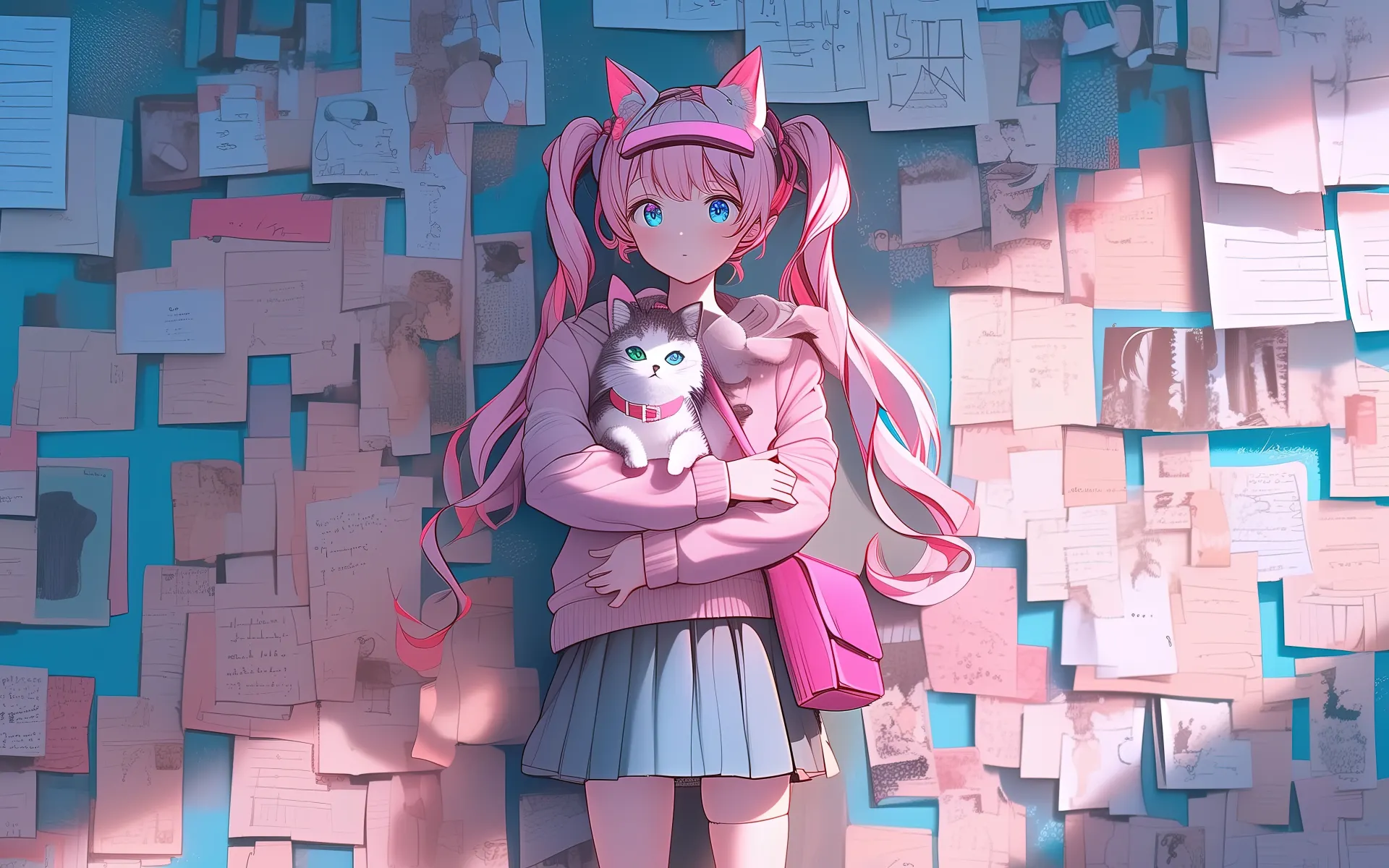 Pink-Haired Anime Girl Holding a Cat Wallpaper