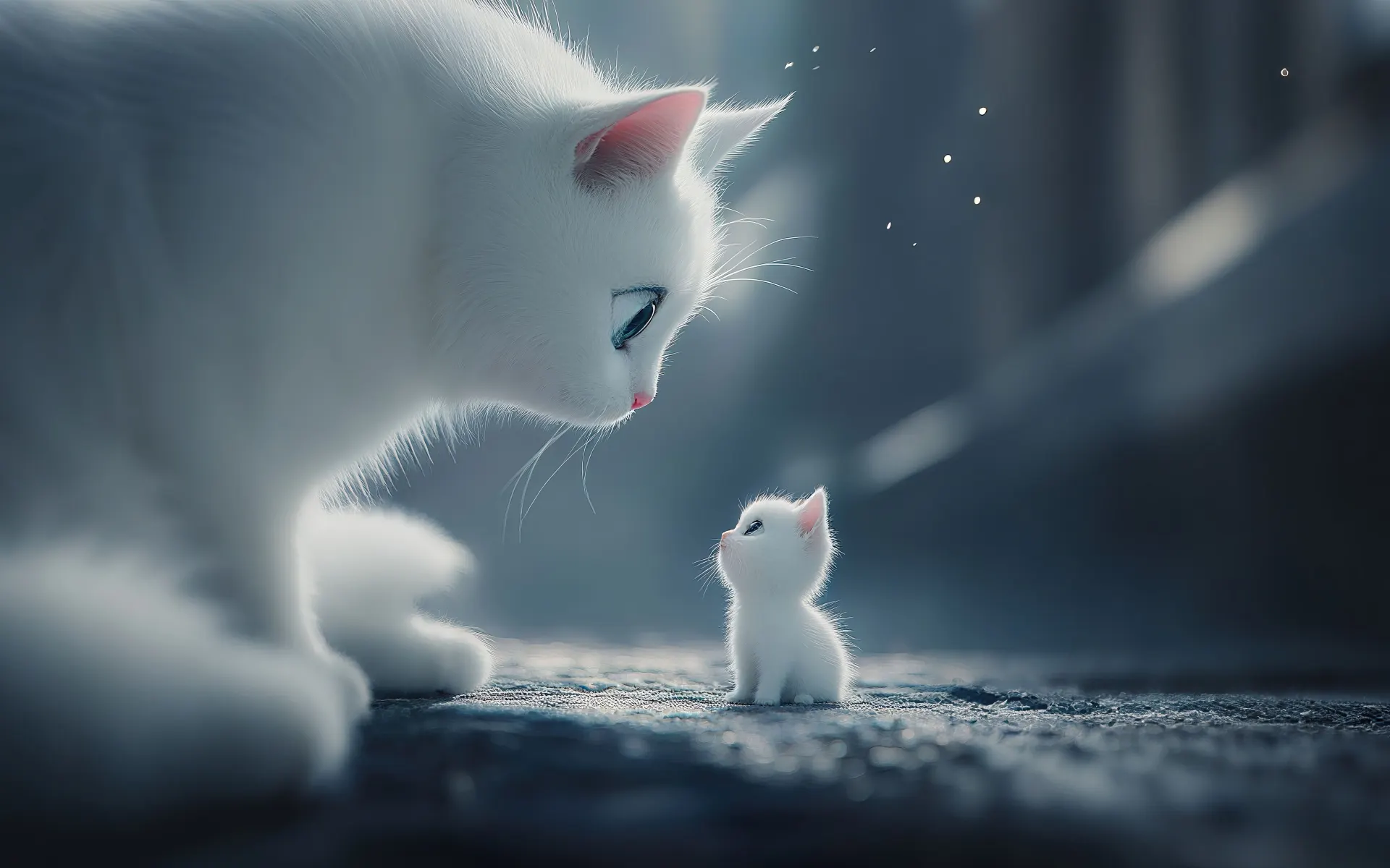 White Mother Cat and Tiny Kitten Wallpaper