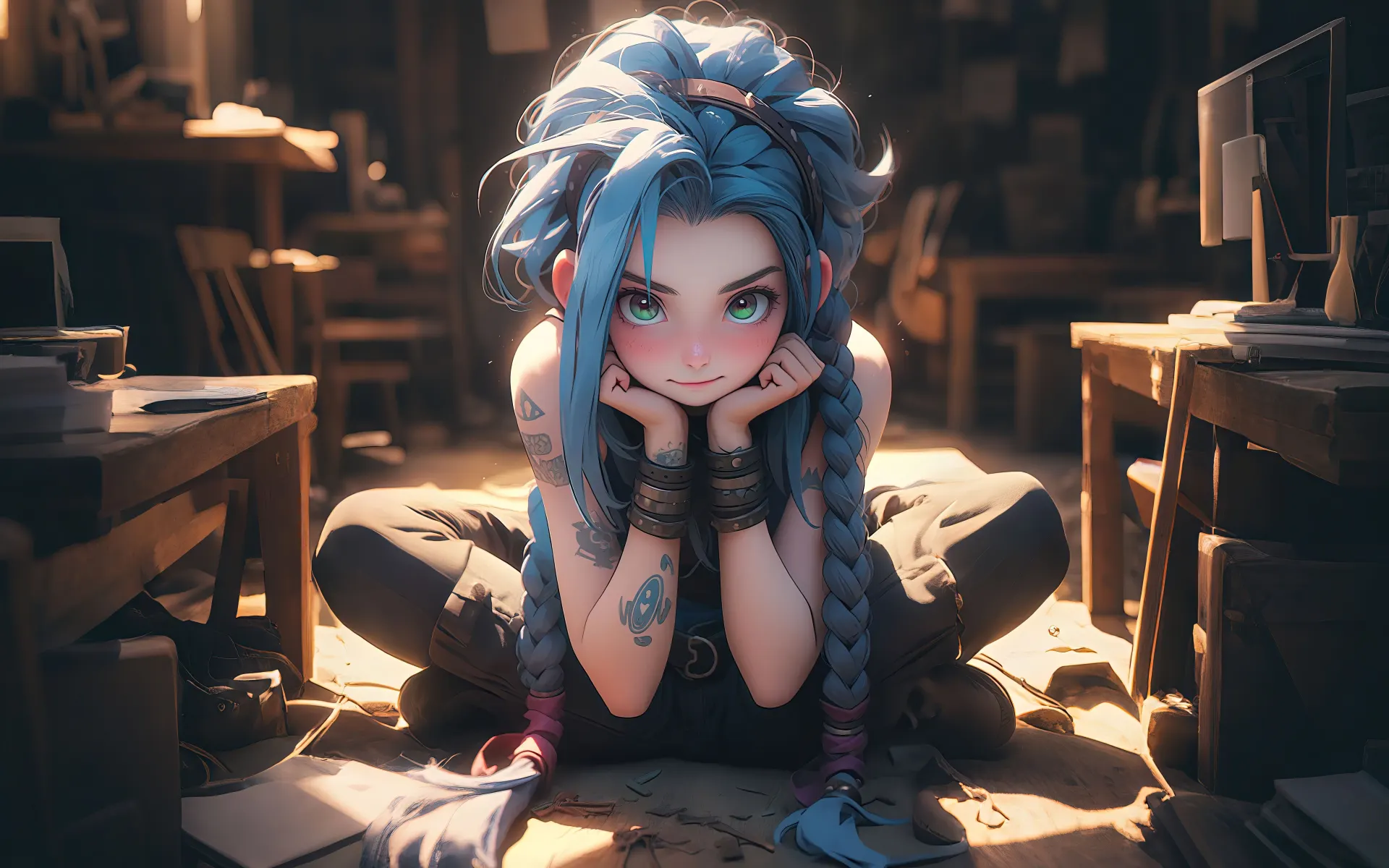 Jinx with Blue Braids in Her Workshop Wallpaper