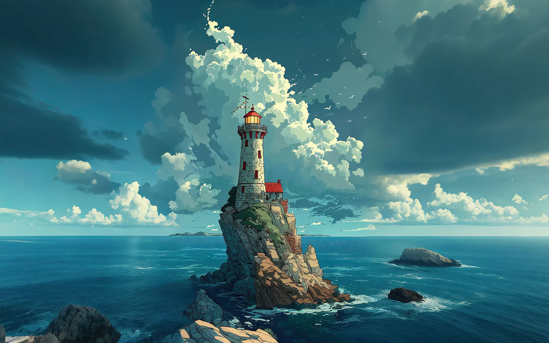 Lighthouse Beneath Towering Ocean Clouds Wallpaper