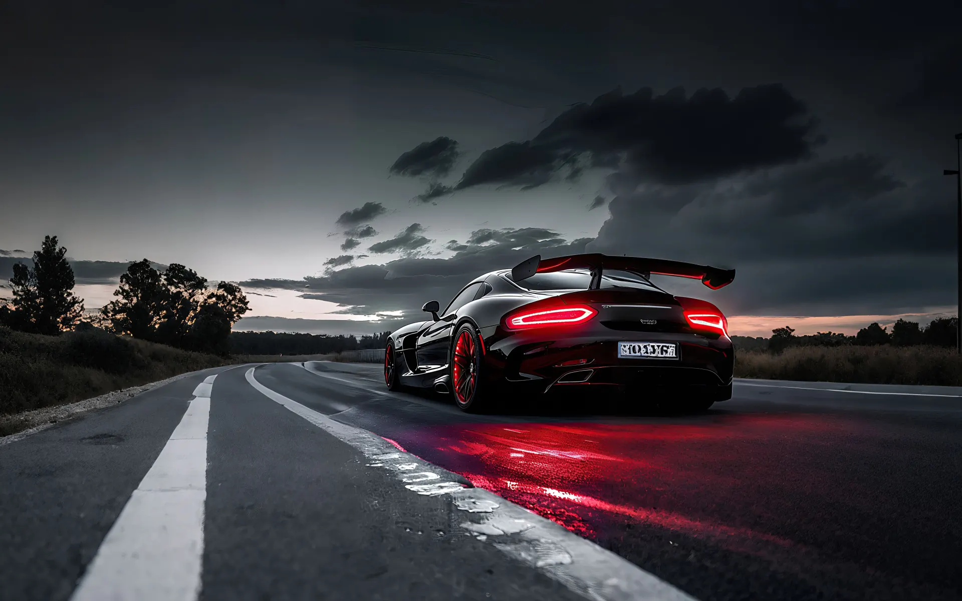 Black Dodge Viper on a Wet Road at Dusk Wallpaper