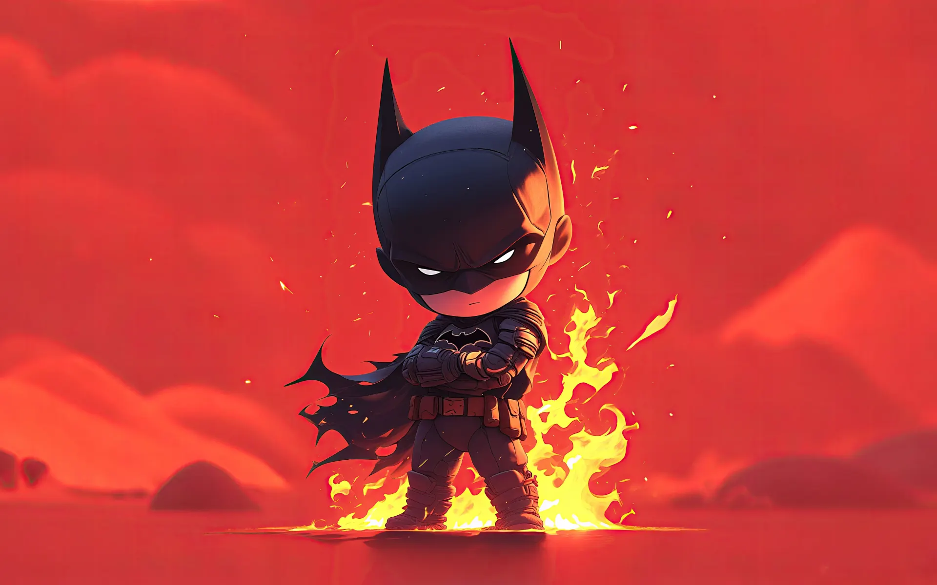 Chibi Batman Standing Before Blazing Fire Wallpaper