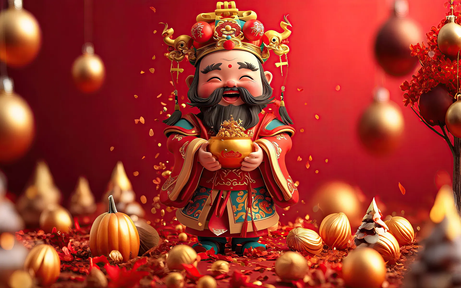 Smiling Chinese God of Wealth with Golden Treasure Wallpaper