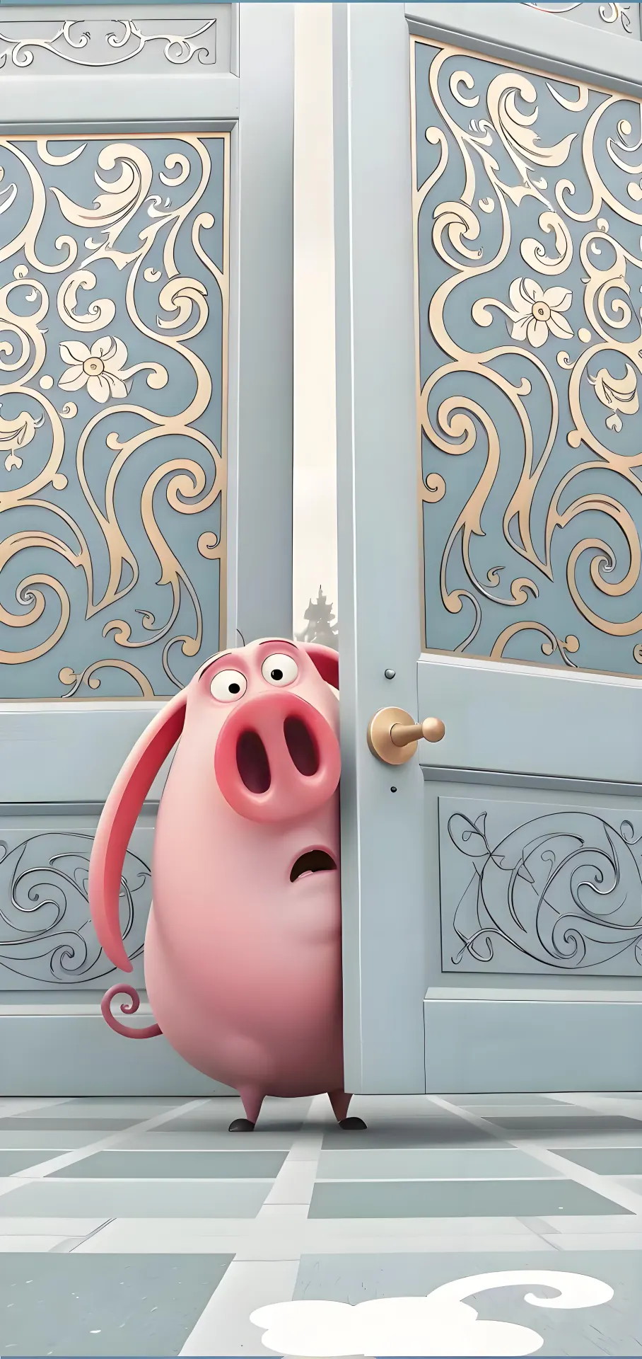 Surprised Pink Pig Peeking Through a Door Wallpaper