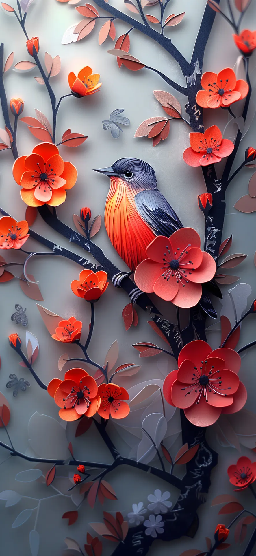 Bluebird Among Red Blossoms Paper Art Wallpaper