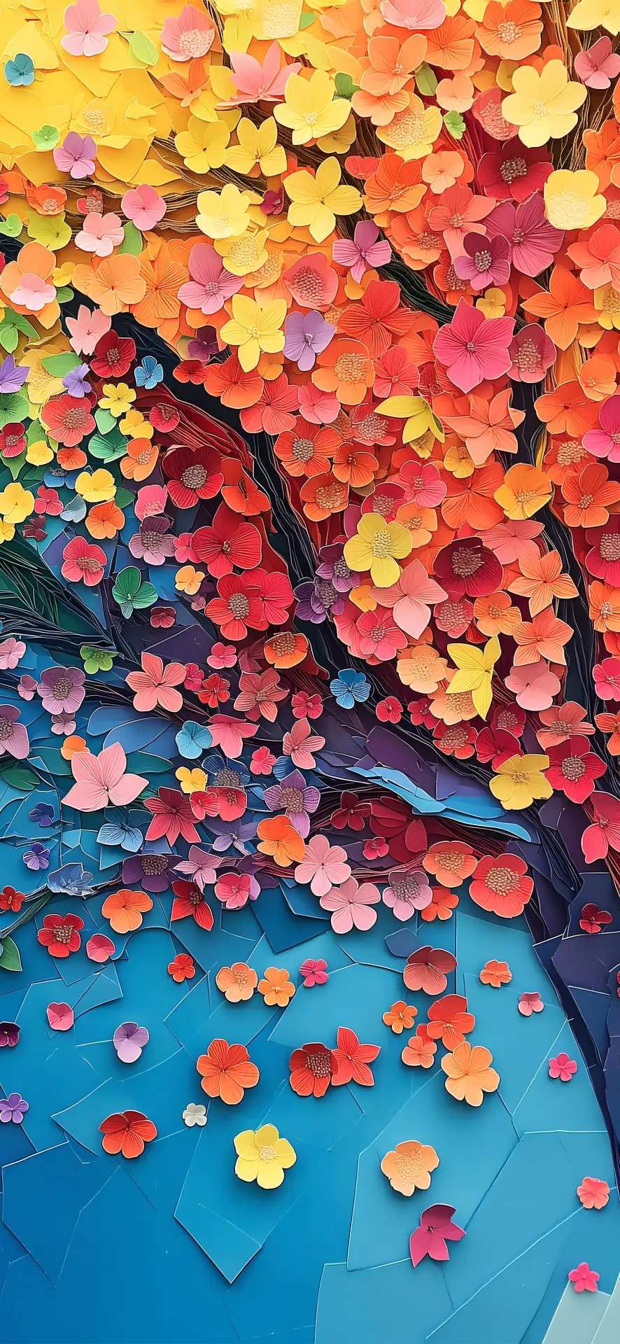 Colorful Flowering Tree Paper Art Wallpaper