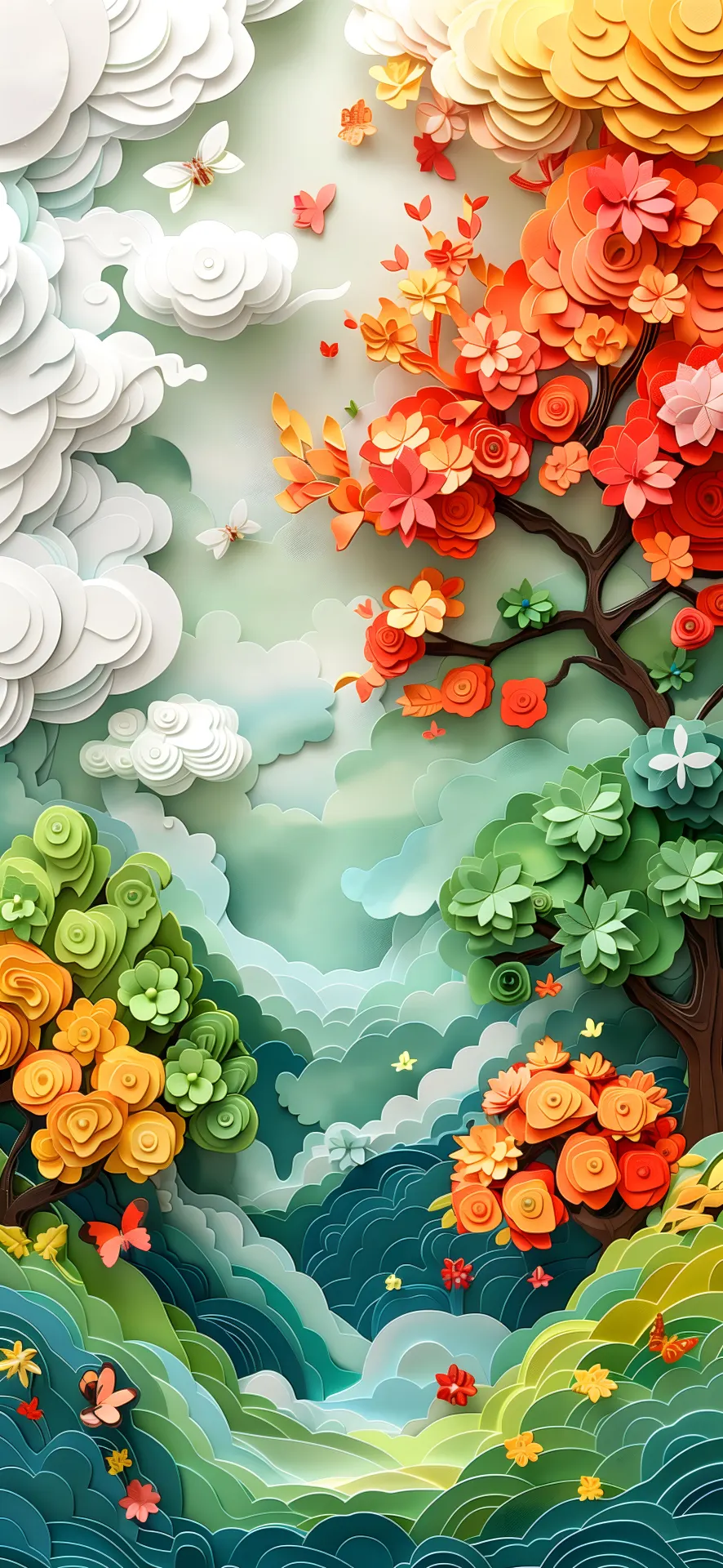 Colorful Floral Forest Landscape Paper Art Wallpaper