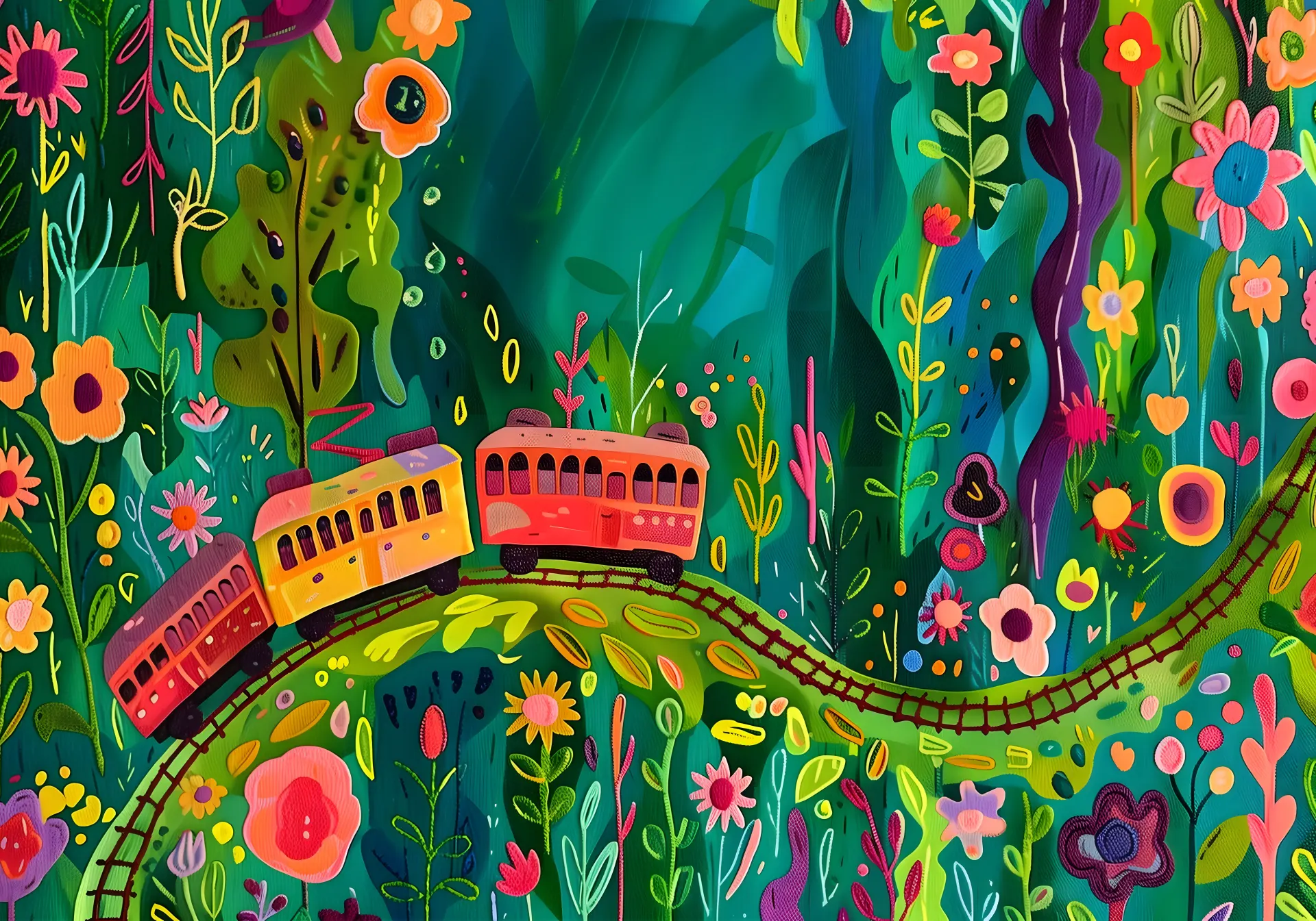 Colorful Train Journey Through a Floral Forest iPad Wallpaper