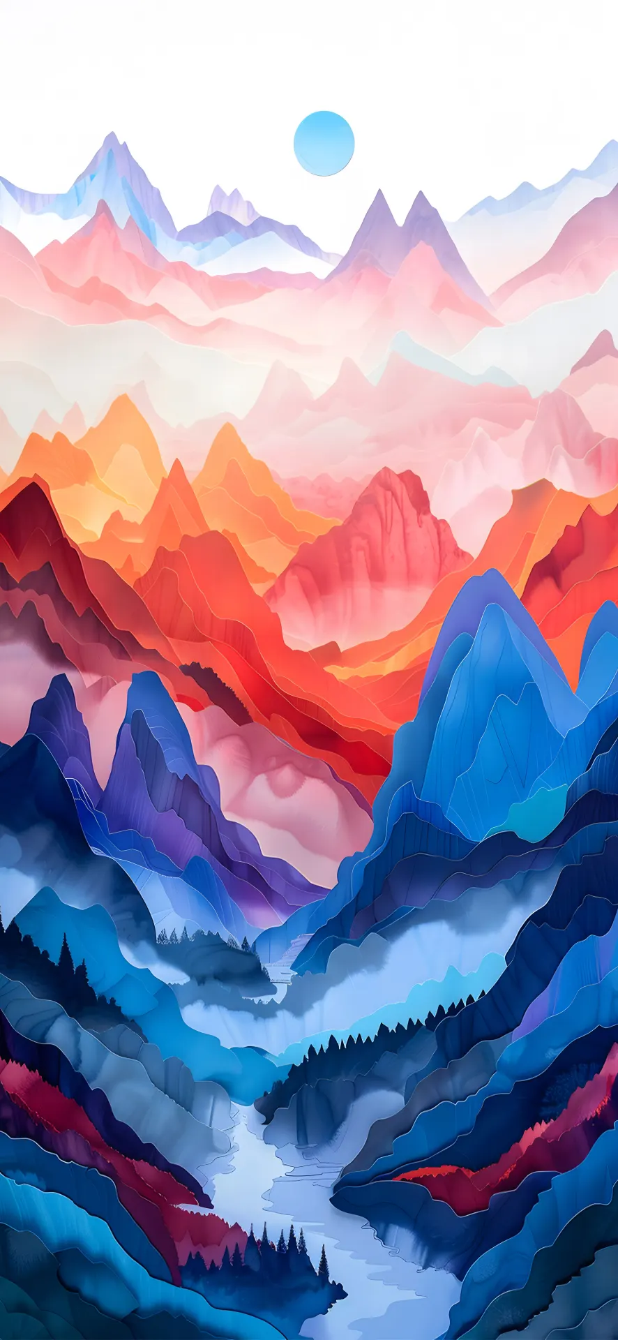 Colorful Layered Mountains and River Paper Art Wallpaper