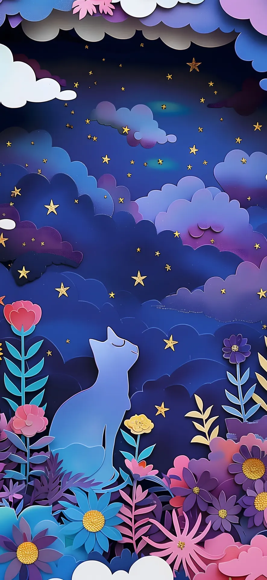 Cat Gazing at a Starry Sky Paper Art Wallpaper
