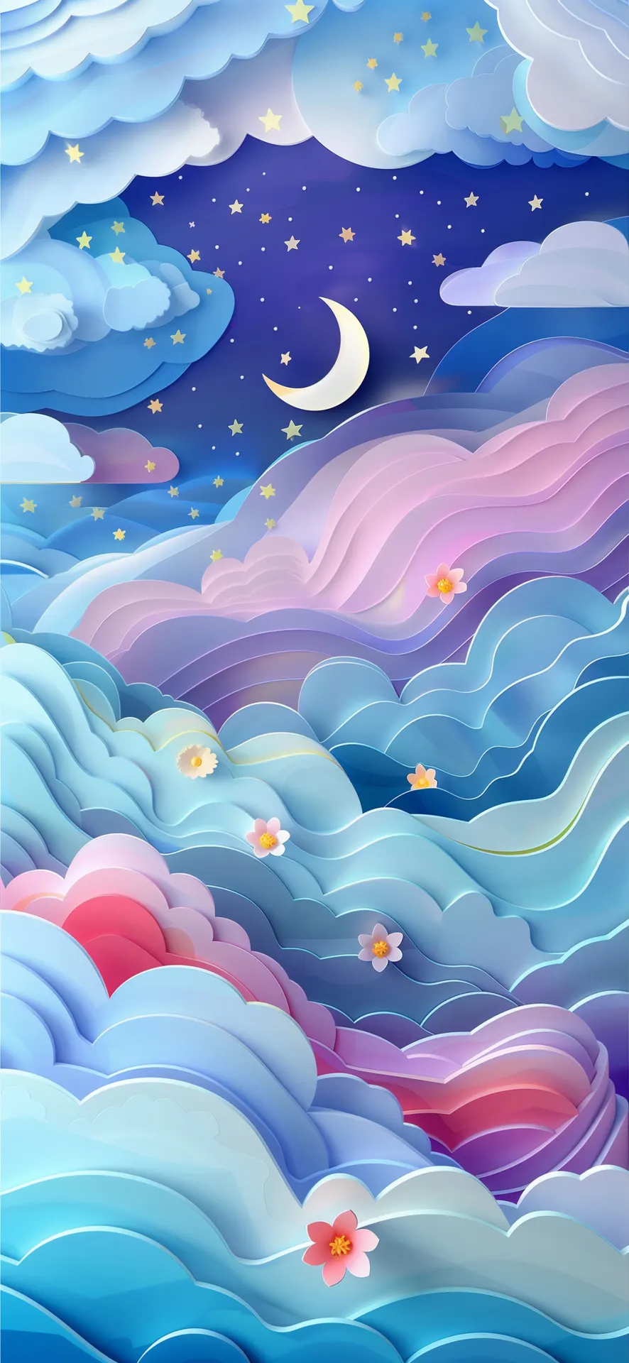 Crescent Moon Over Pastel Cloud Waves Paper Art Wallpaper