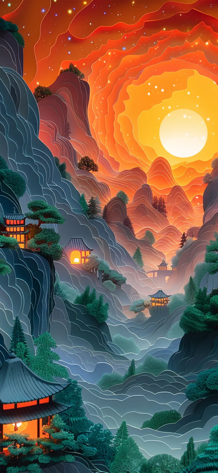 Glowing Sunset Over Chinese Mountains Paper Art Wallpaper