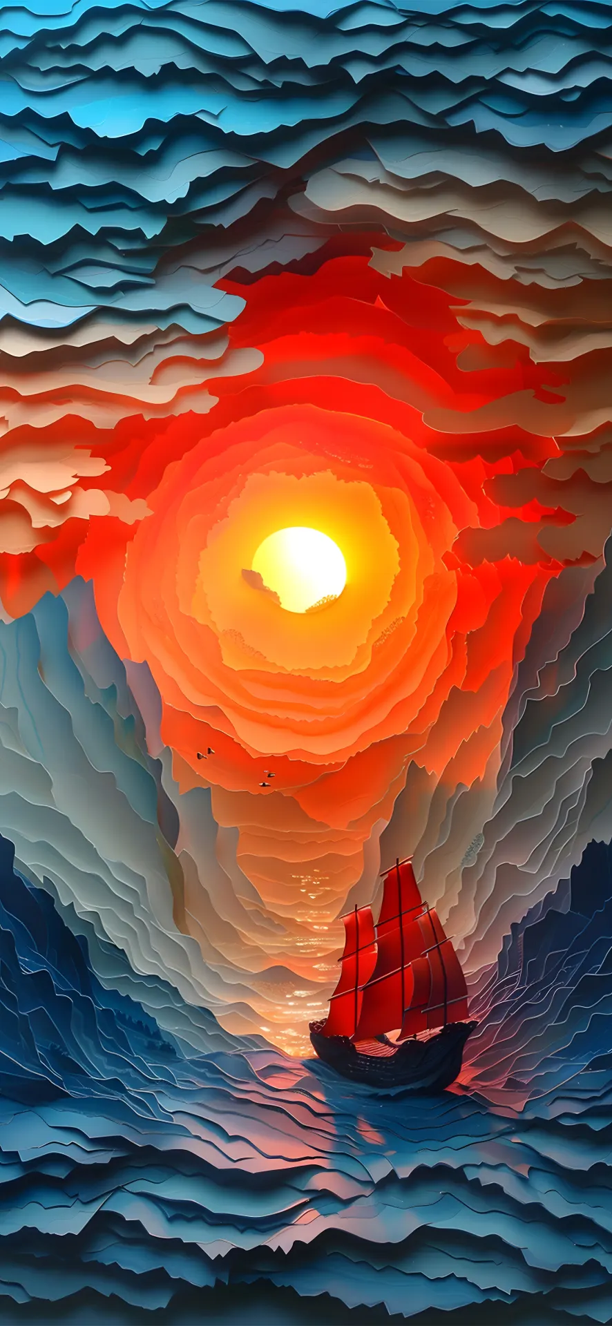Red Sailboat Beneath a Fiery Sunset Paper Art Wallpaper