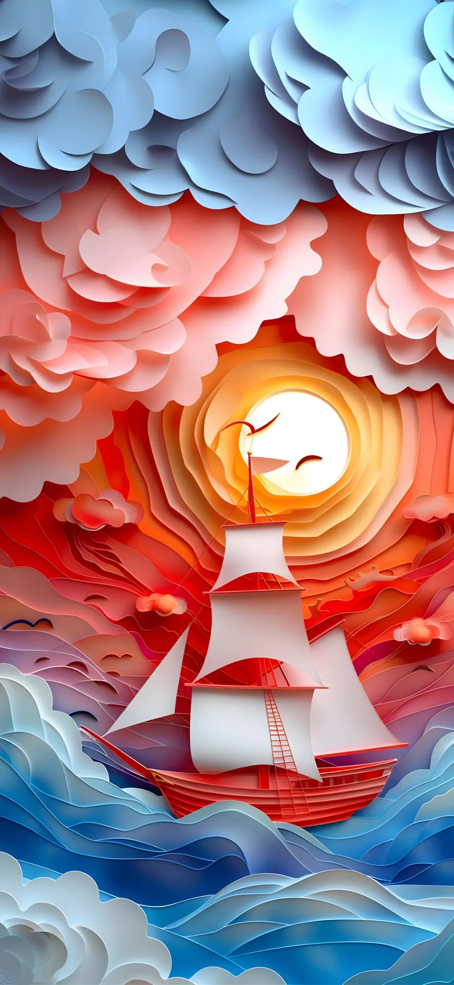 Sailing Ship Under a Glowing Sunset Paper Art Wallpaper