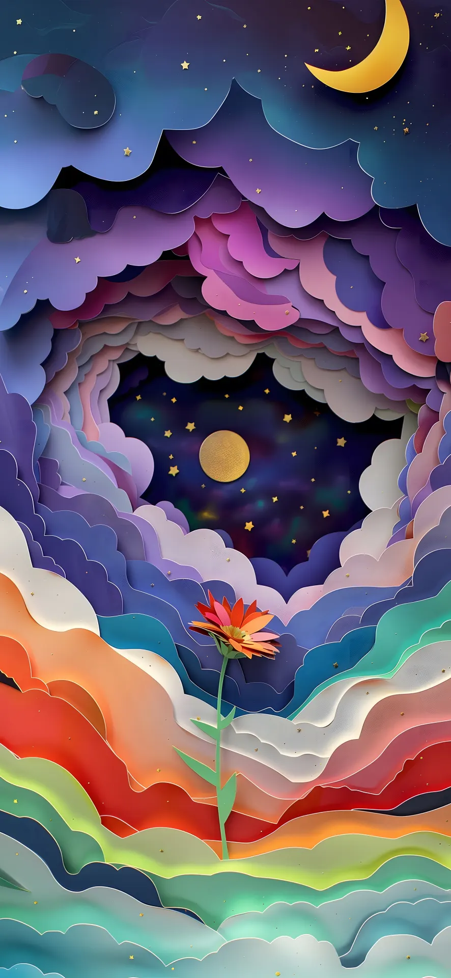 Lone Flower Beneath a Colorful Starry Sky Paper Art Wallpaper