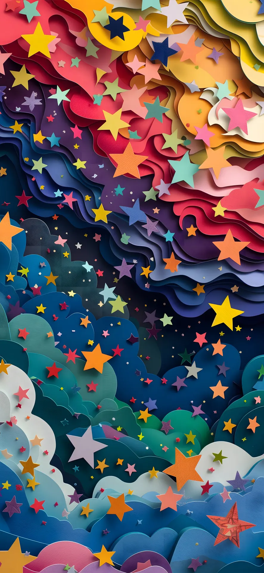 Colorful Stars Among Layered Clouds Paper Art Wallpaper
