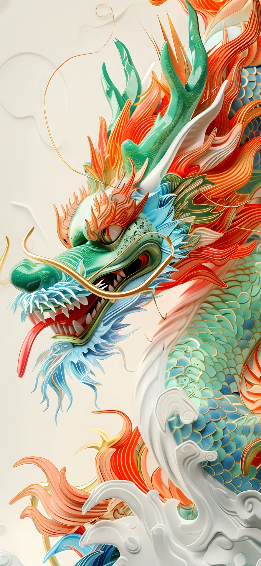 Colorful Chinese Dragon and White Waves Wallpaper