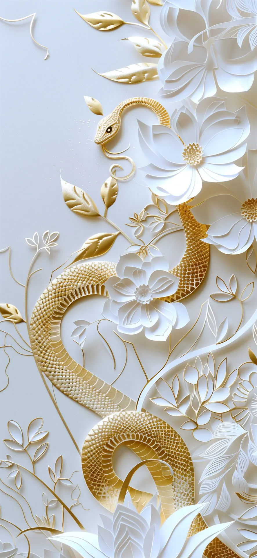 Golden Snake Among White Flowers Paper Art Wallpaper