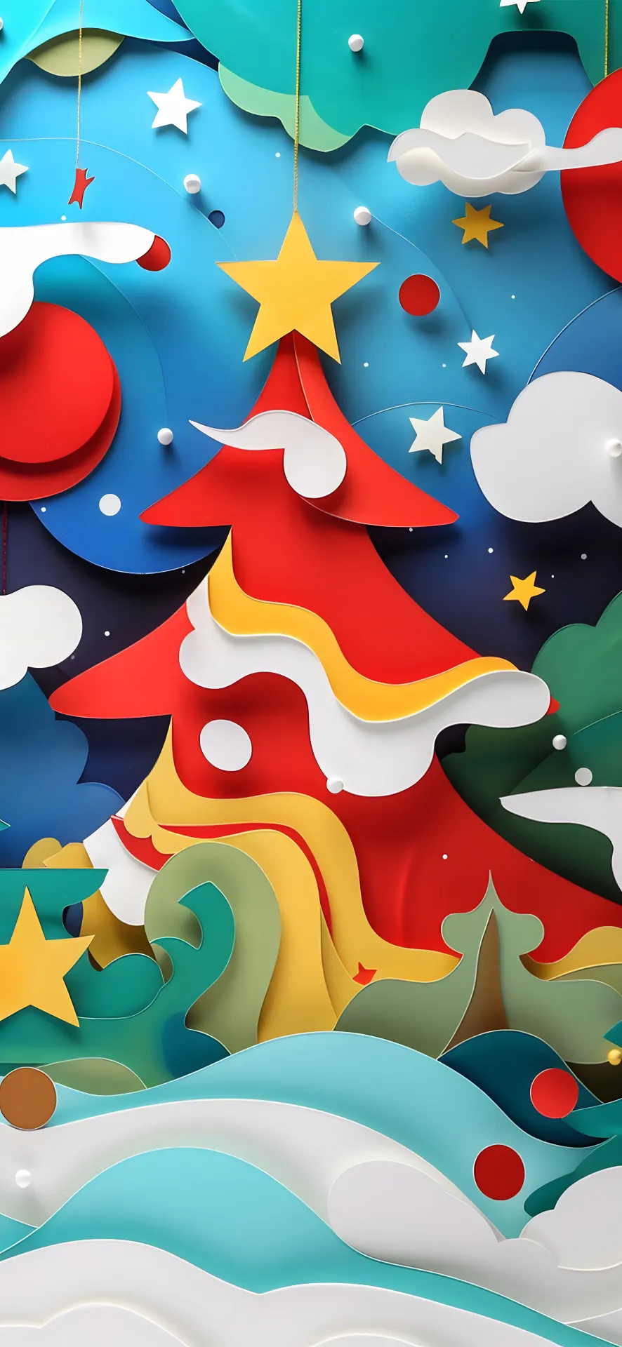 Red Christmas Tree in Snowy Paper Art Wallpaper