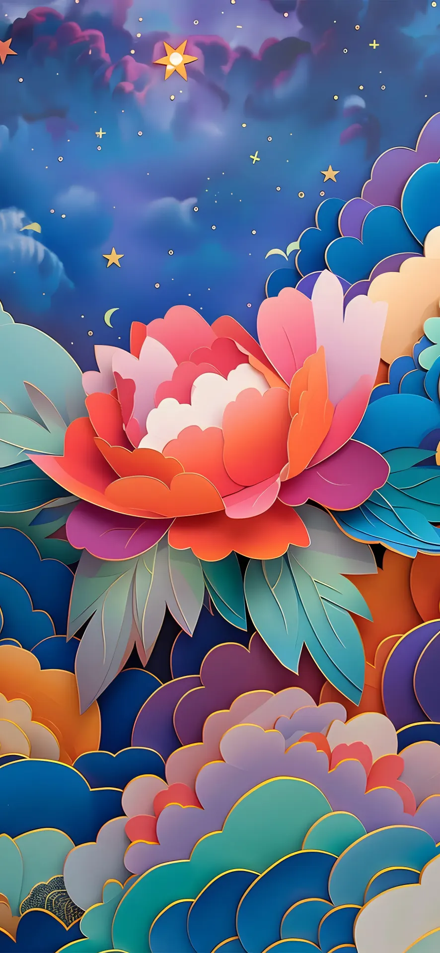 Colorful Peony Beneath a Starry Sky Paper Art Wallpaper