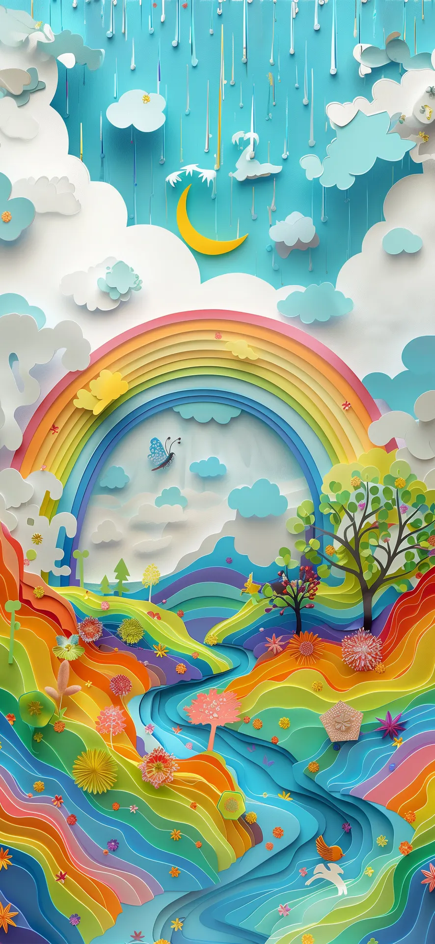 Rainbow Over a Colorful River Valley Paper Art Wallpaper