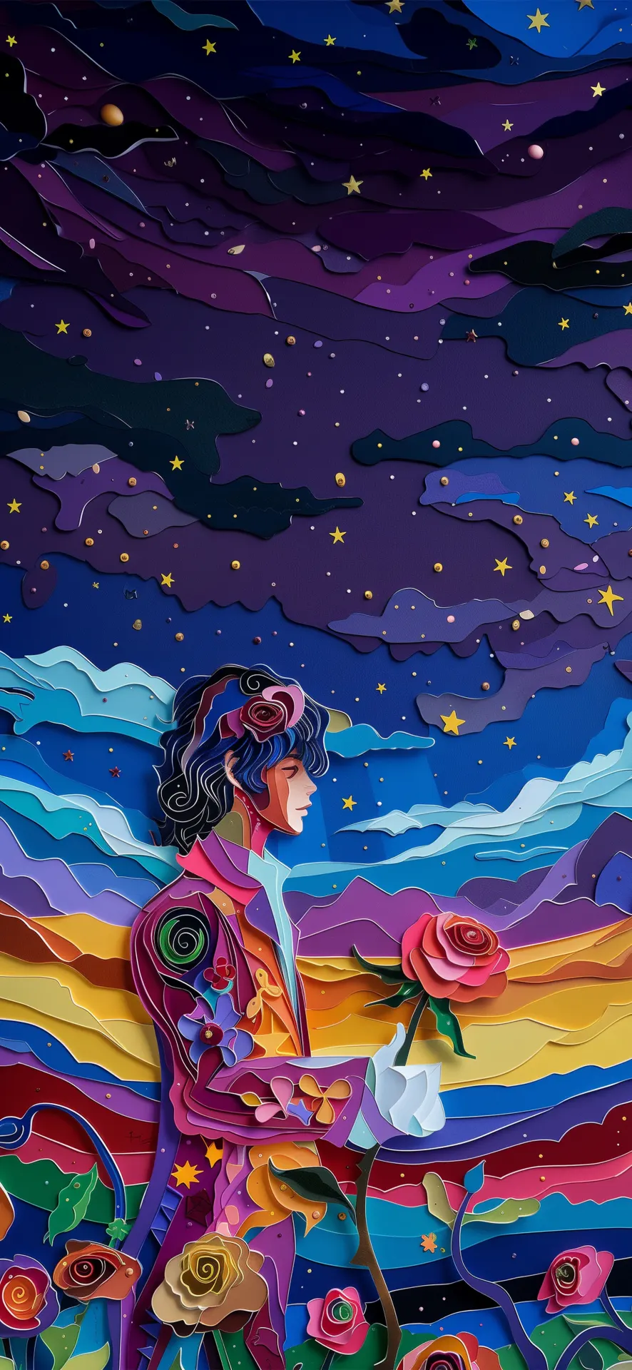 Woman Holding a Rose Beneath the Stars Paper Art Wallpaper